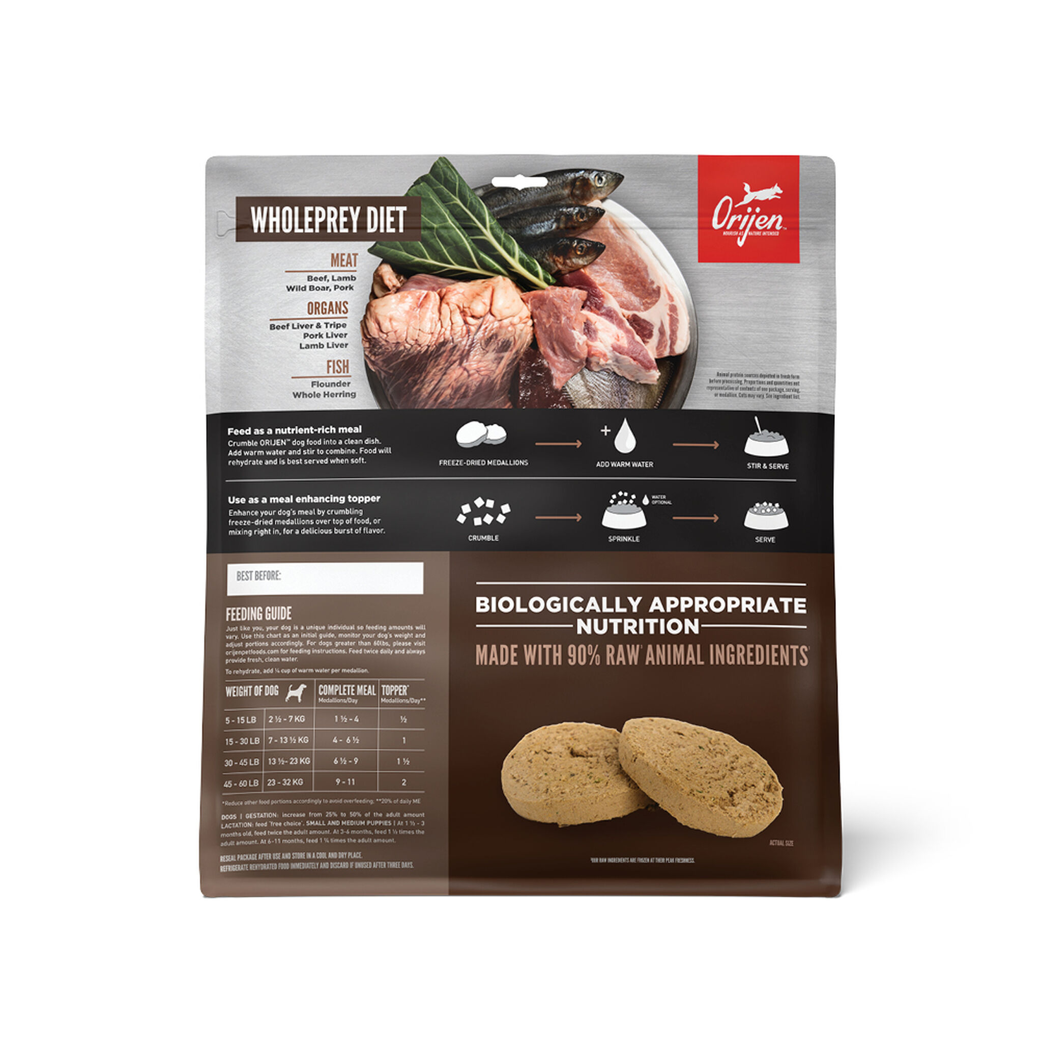 Back of the ORIJEN Regional Red Freeze-Dried Medallions bag showing the WholePrey diet, feeding steps, feeding guide chart, and two freeze-dried medallions shown at actual size
