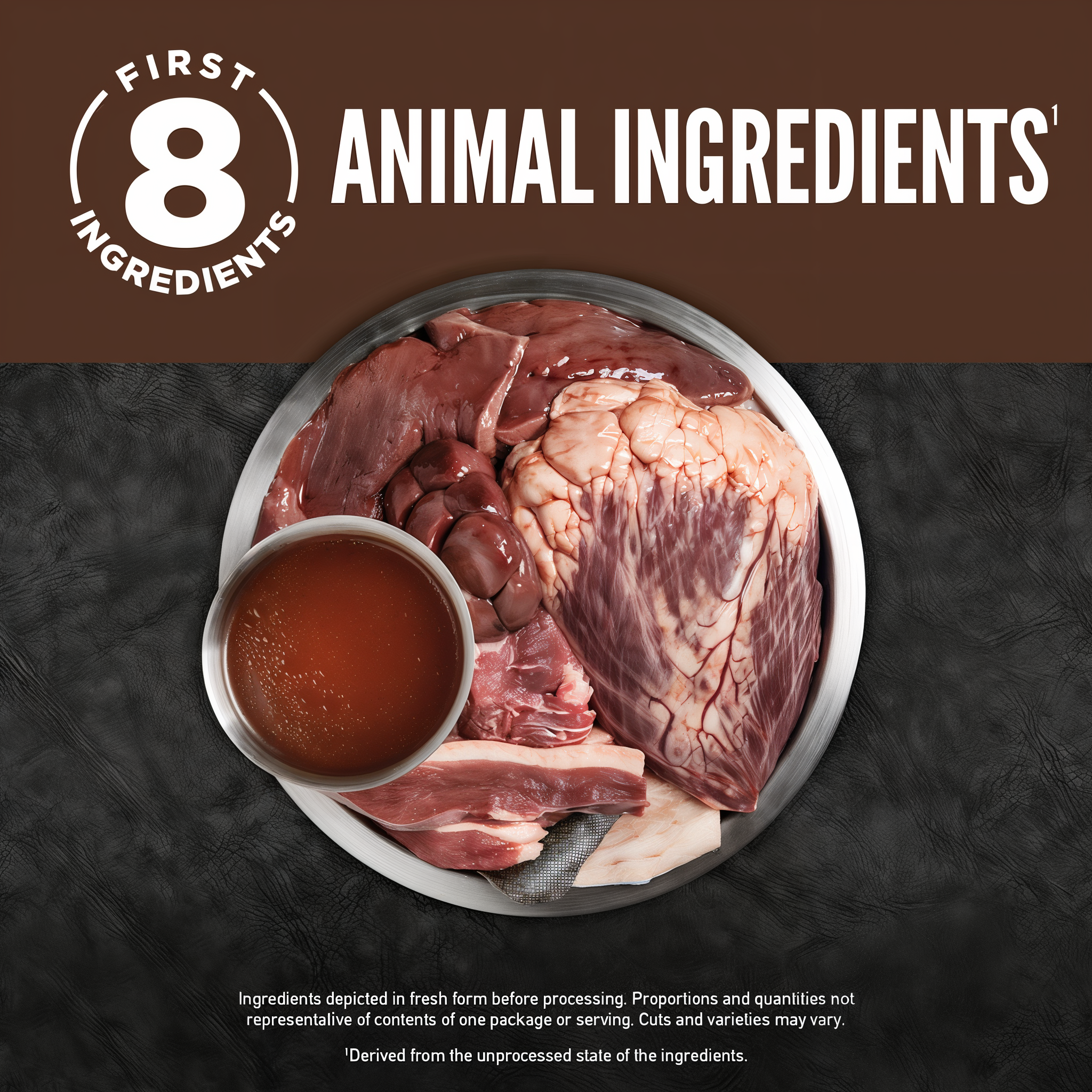First 8 ingredients are animal ingredients: fresh beef, duck, lamb, organs, and bone broth shown before processing