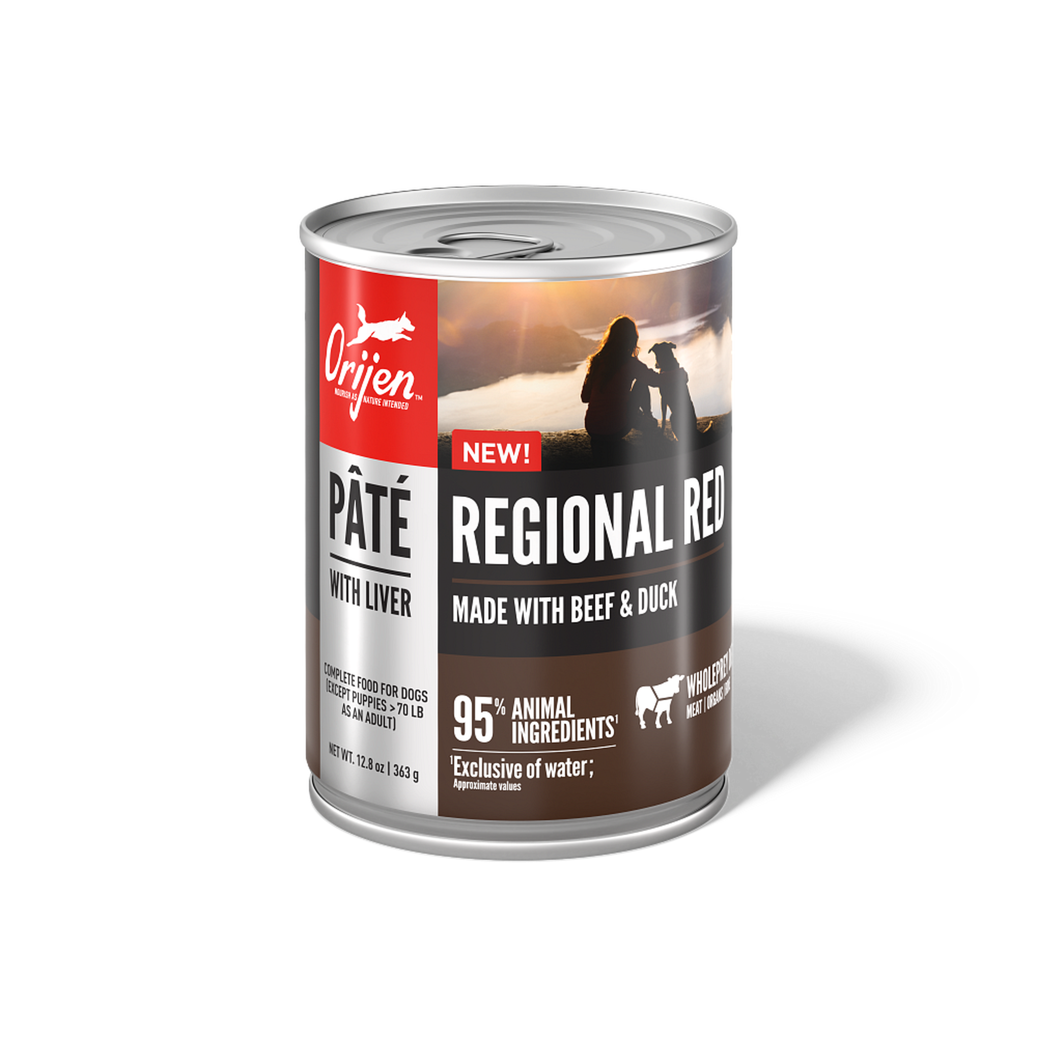 ORIJEN Regional Red Pâté with Liver wet dog food made with beef and duck, front of the 12.8 oz can with 95 percent animal ingredients callout