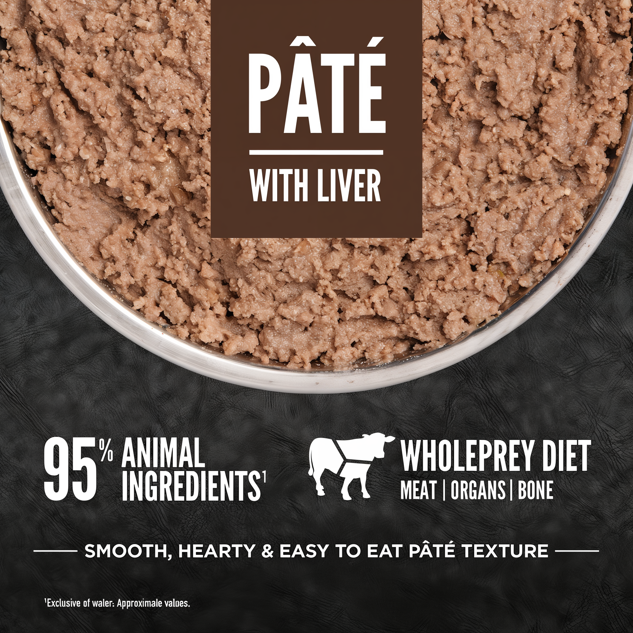 Close-up of ORIJEN Pâté with Liver showing the smooth, hearty, easy-to-eat pâté texture with 95 percent animal ingredients from the WholePrey diet