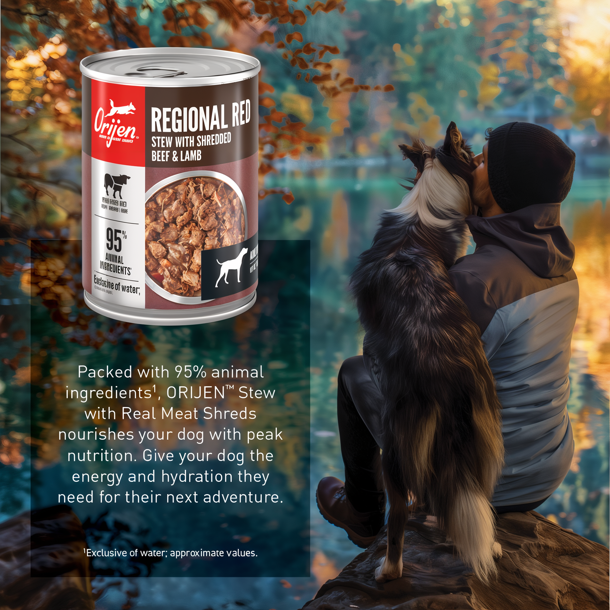 ORIJEN Regional Red Stew can shown with a dog and owner by an autumn lake — energy and hydration for their next adventure
