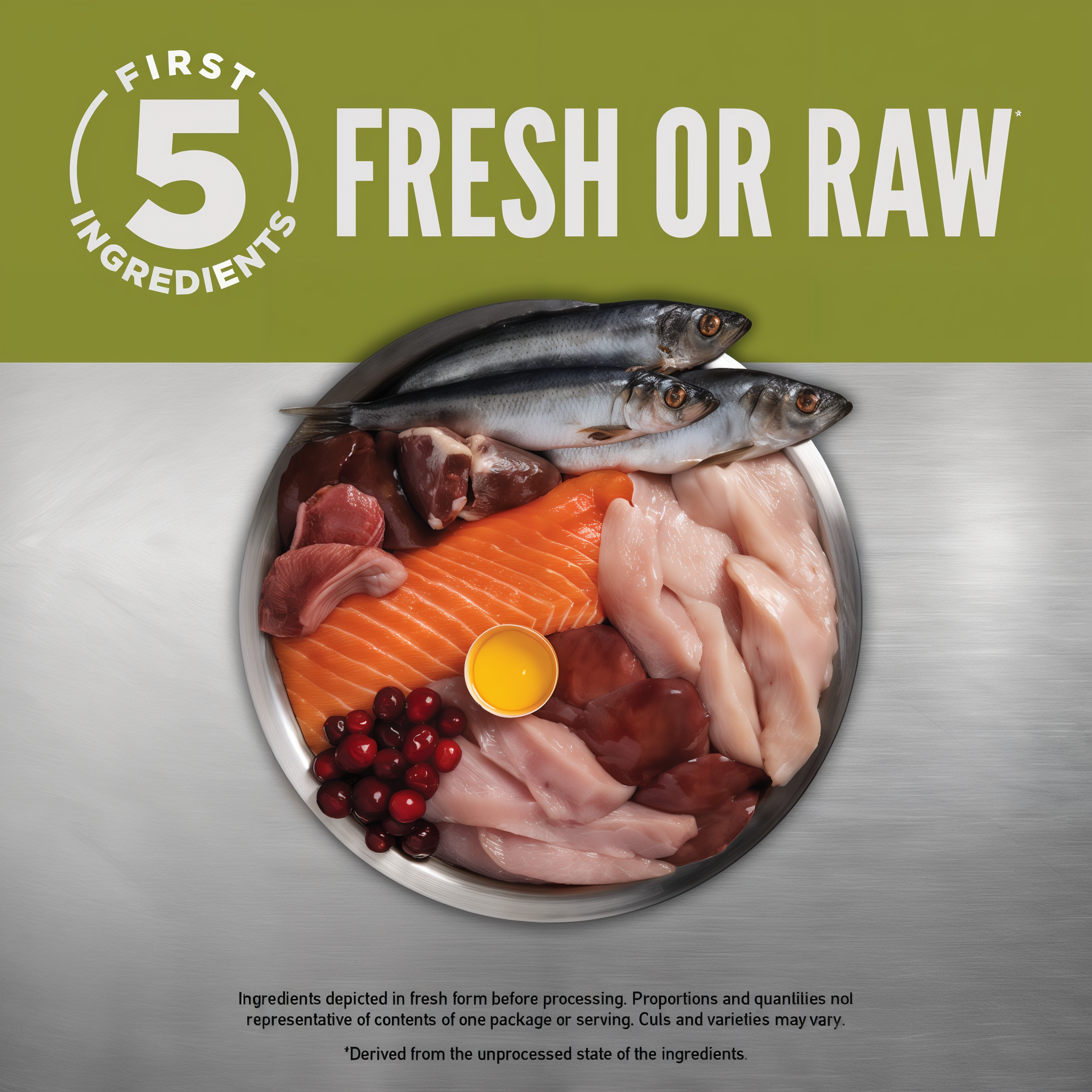 Bowl of the first five fresh or raw ingredients in Orijen Senior dog food: chicken, turkey, salmon, whole herring and chicken liver with egg and cranberries