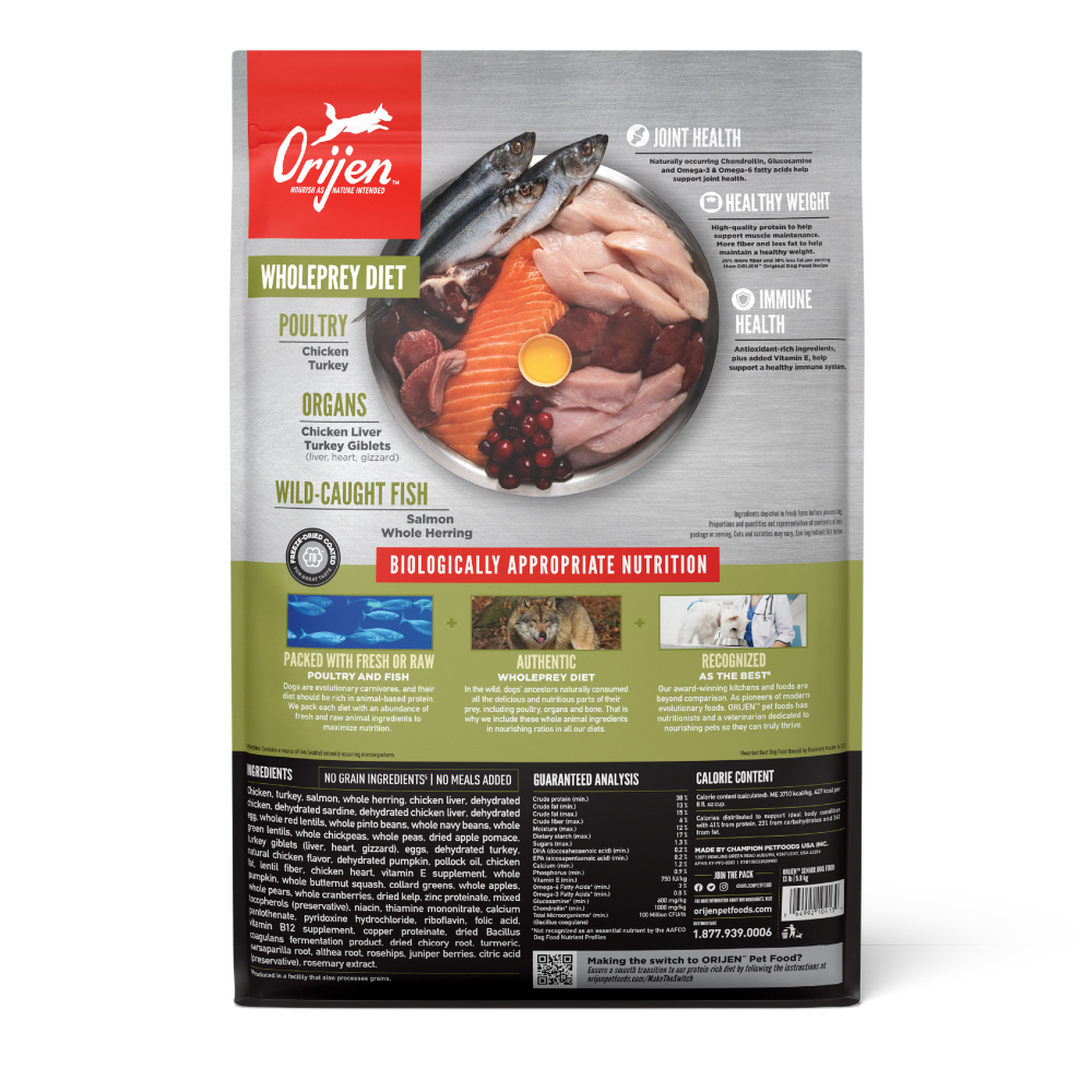 Orijen Senior dry dog food back of bag showing WholePrey ingredients, guaranteed analysis, calorie content and the full ingredient list