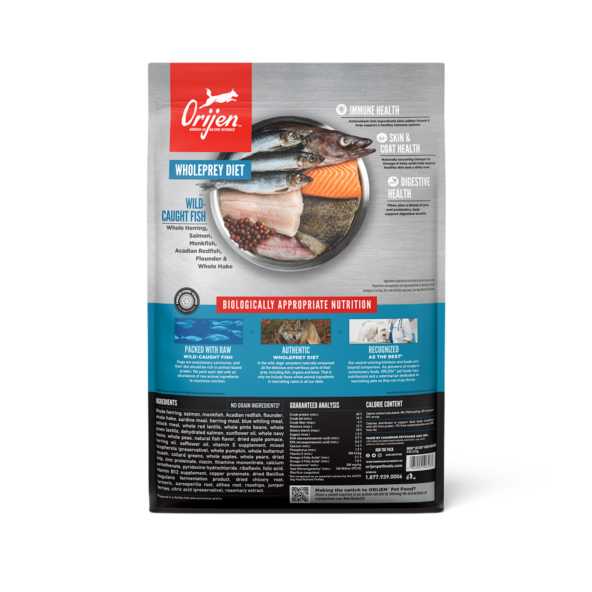 Orijen Six Fish Dry Dog Food bag back showing wild-caught fish, ingredients, and guaranteed analysis