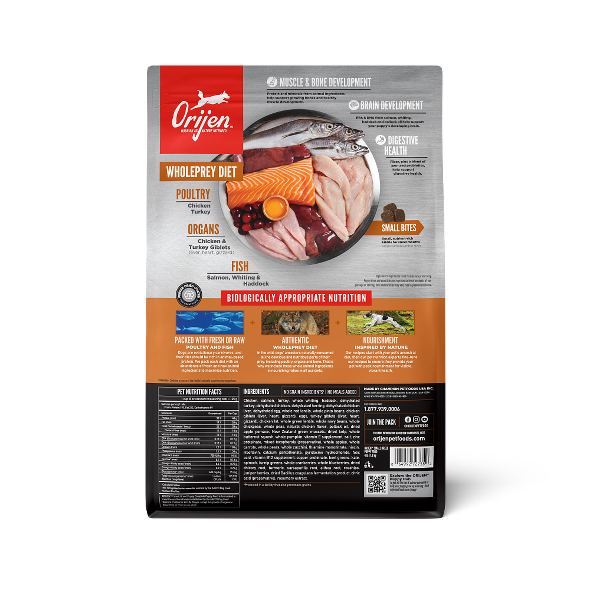 Back of the ORIJEN Small Breed Puppy 4 lb bag showing the WholePrey diet of poultry, organs and fish, pet nutrition facts, no grain ingredients statement, and full ingredient list