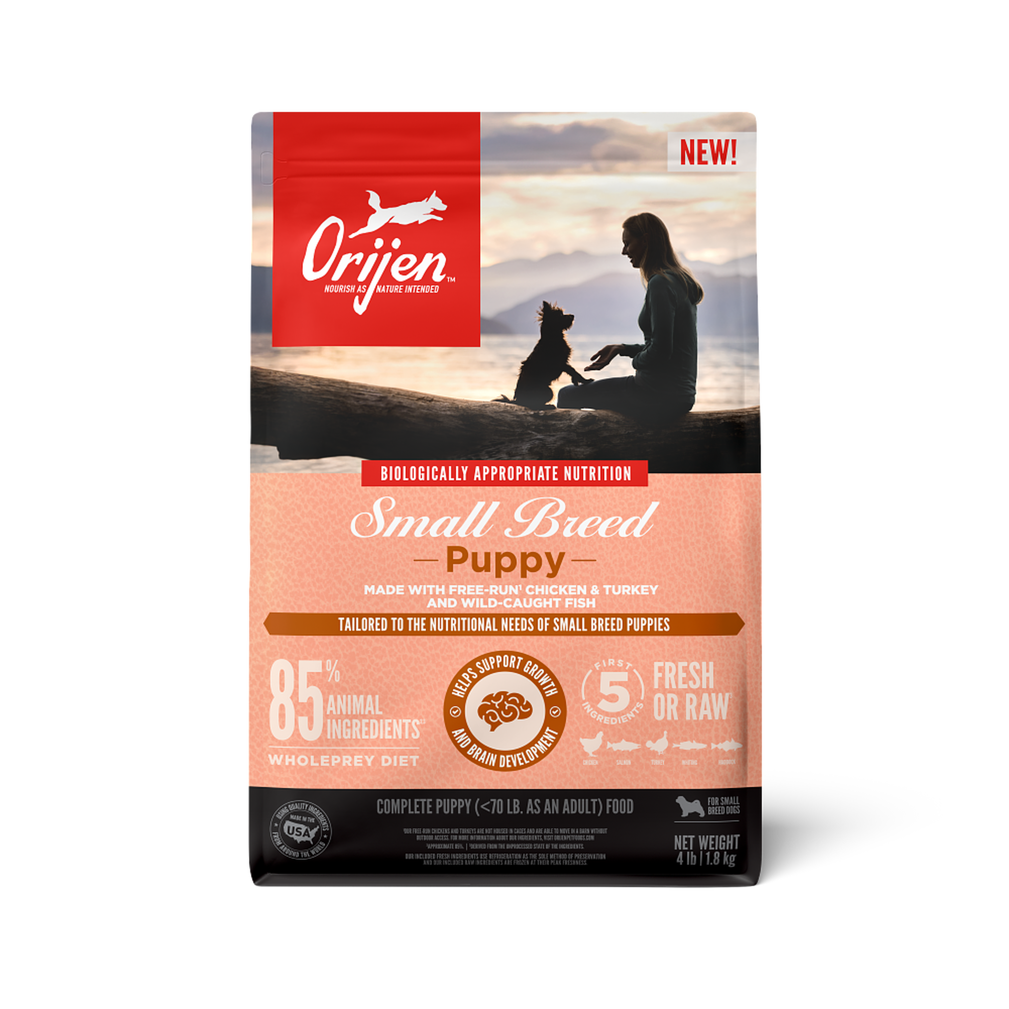 ORIJEN Small Breed Puppy grain-free dry dog food, front of the 4 lb bag with 85 percent animal ingredients, WholePrey diet, and free-run chicken, turkey and wild-caught fish callouts #4 LB