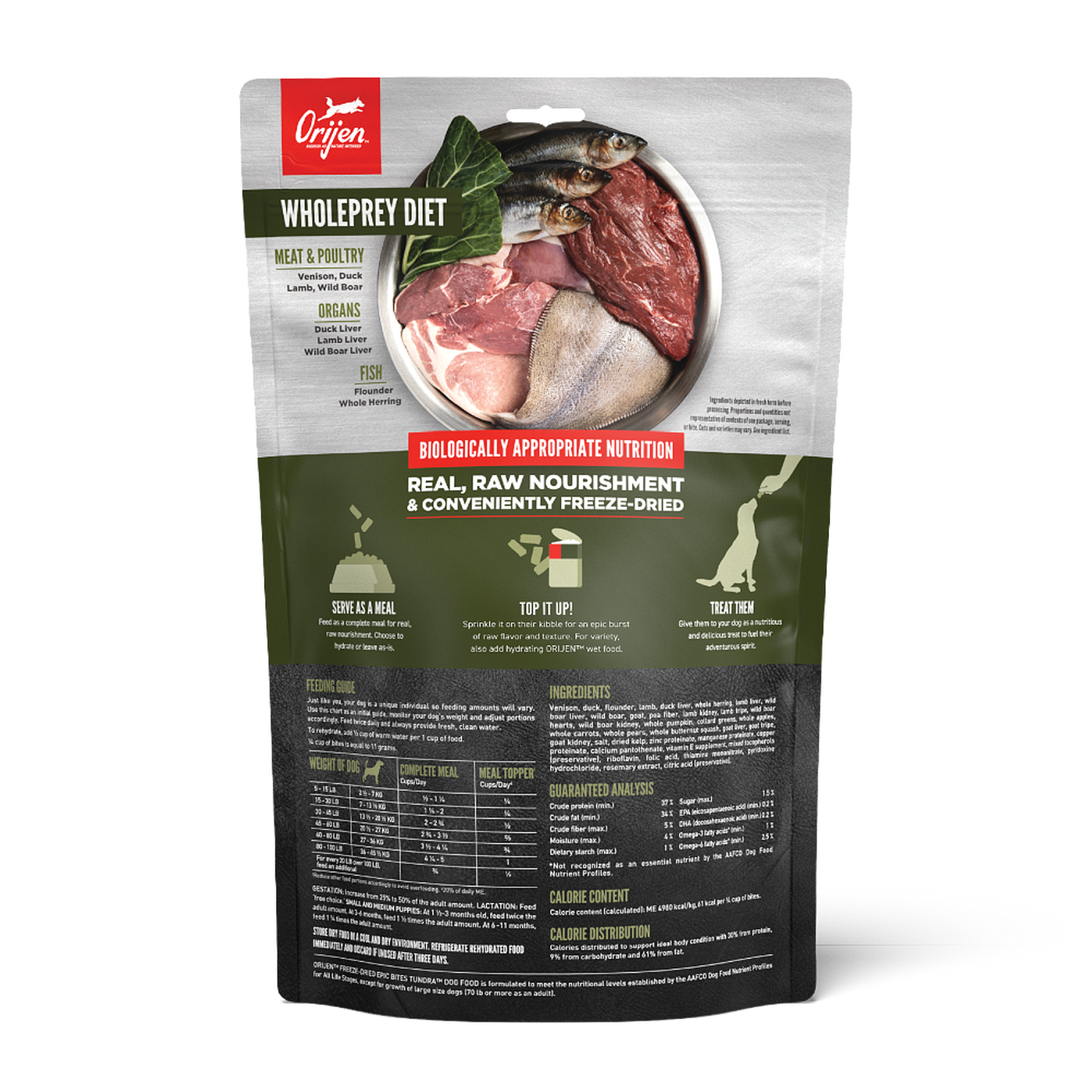 Back of the ORIJEN Tundra Epic Bites 6 oz bag showing the WholePrey diet, feeding guide, ingredients and guaranteed analysis