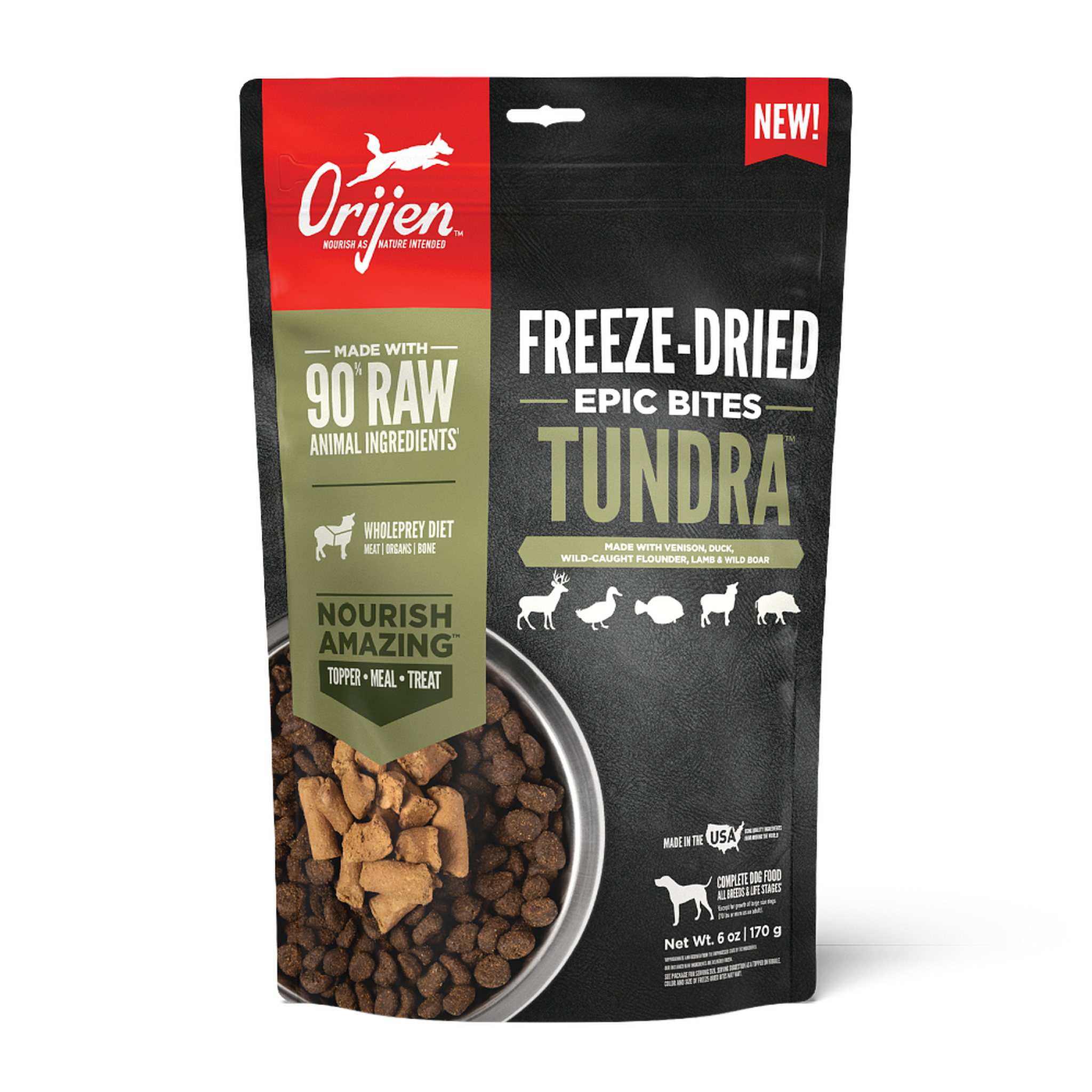ORIJEN Tundra Epic Bites freeze-dried dog food, front of the 6 oz bag made with venison, duck, wild-caught flounder, lamb and wild boar with 90 percent raw animal ingredients and WholePrey callouts #6 OZ