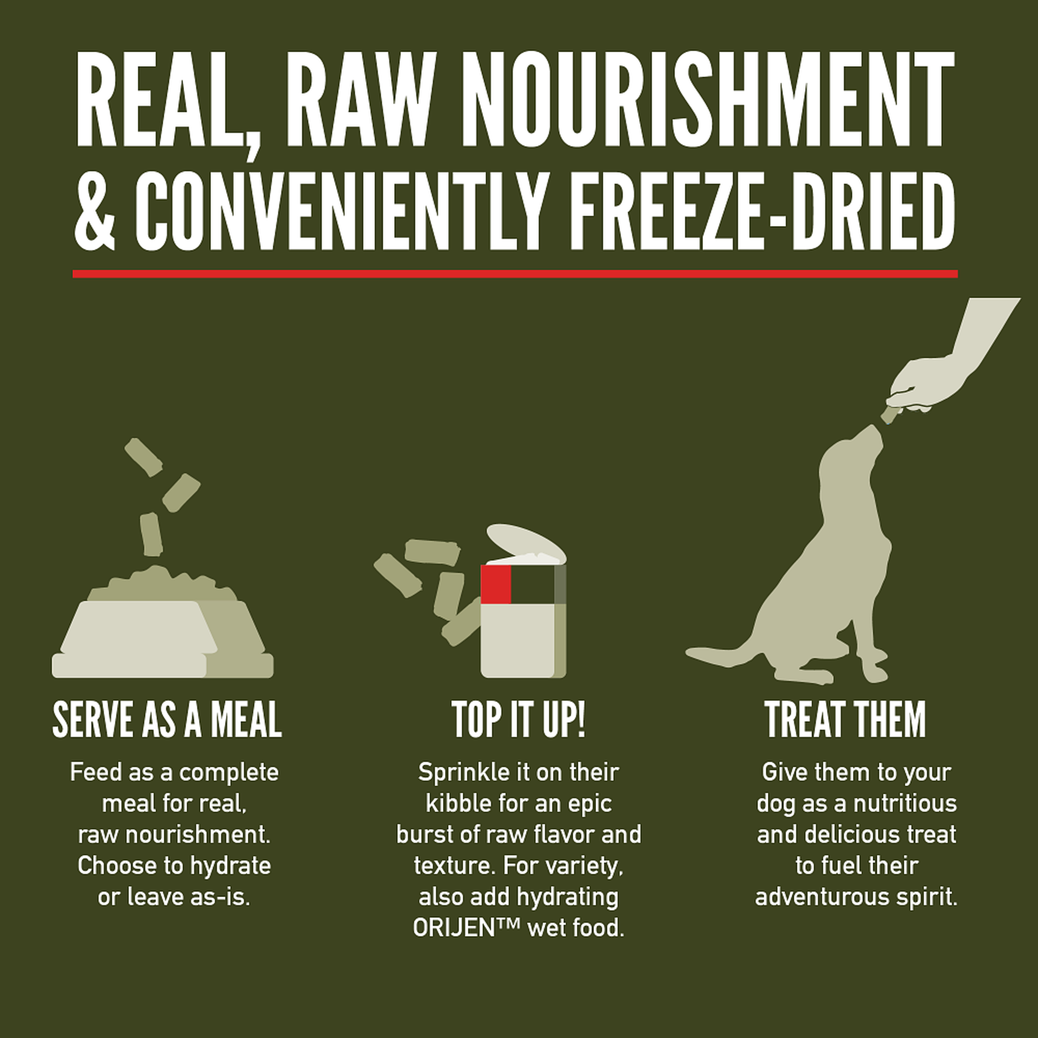 ORIJEN Tundra Epic Bites real raw nourishment conveniently freeze-dried: serve as a meal, sprinkle on kibble as a topper, or give as a treat