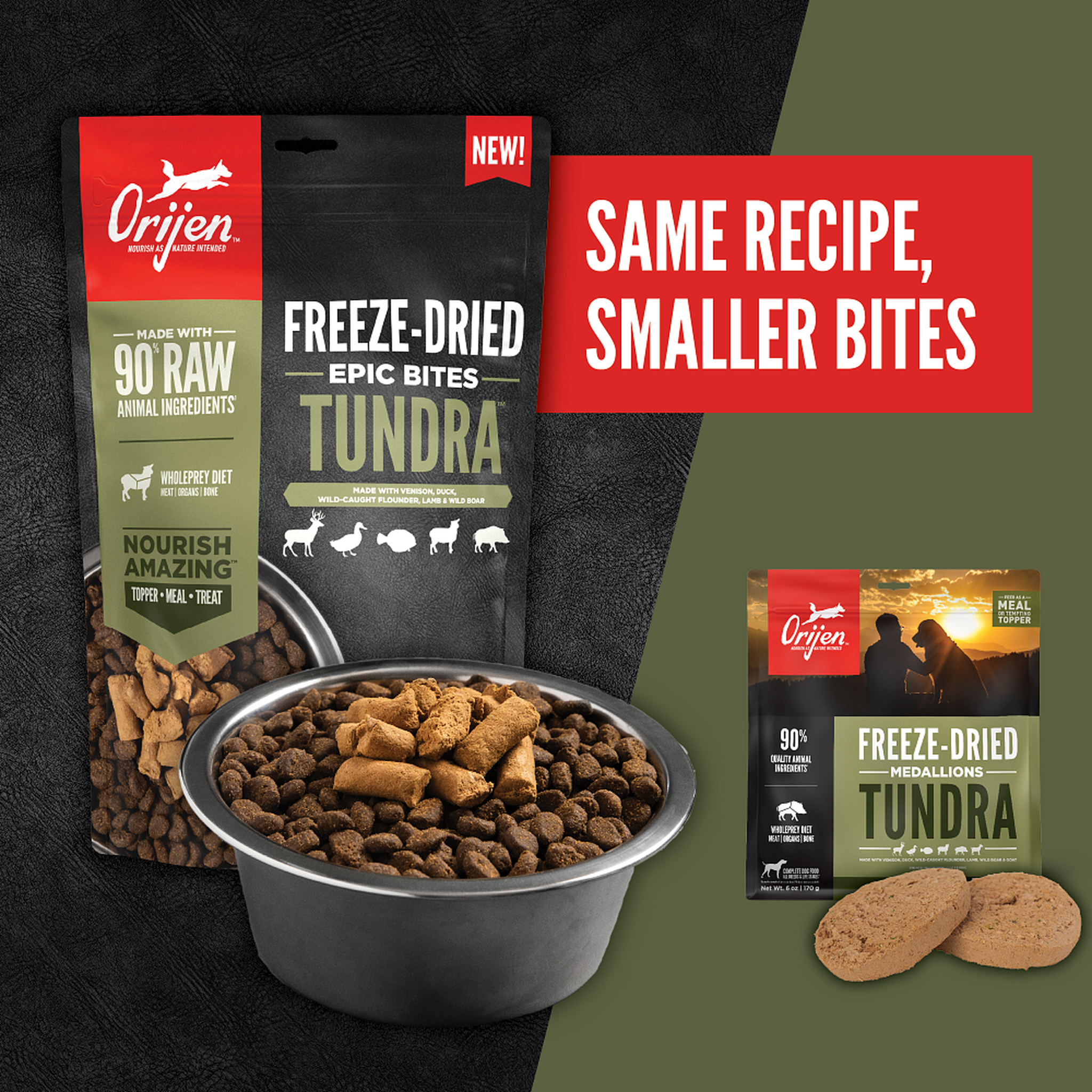 ORIJEN Tundra Epic Bites, the same recipe as ORIJEN Freeze-Dried Medallions in smaller bites, shown with the new 6 oz bag and a bowl of bites