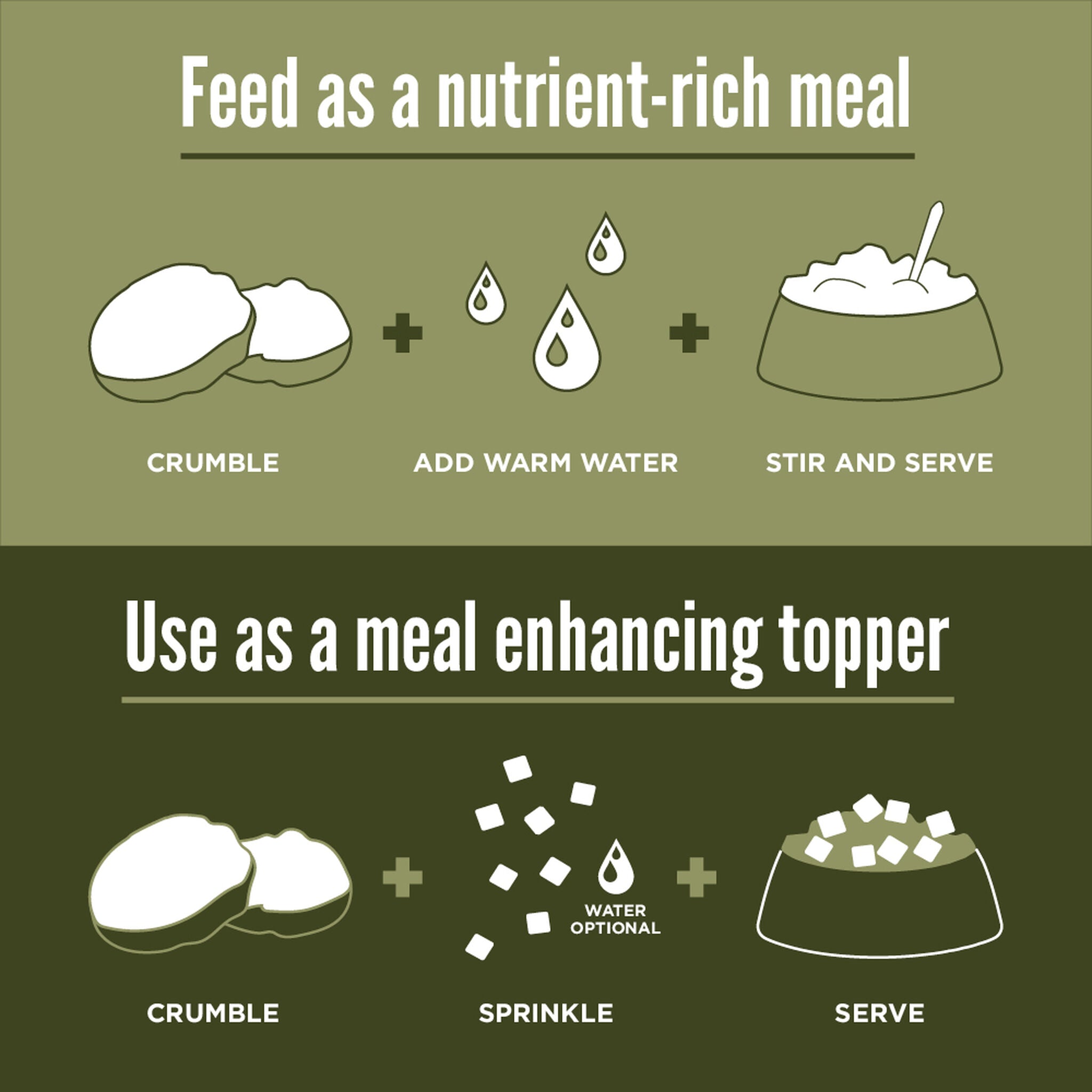 ORIJEN Tundra Freeze-Dried Medallions preparation steps: crumble and add warm water to serve as a meal, or crumble and sprinkle over food as a topper