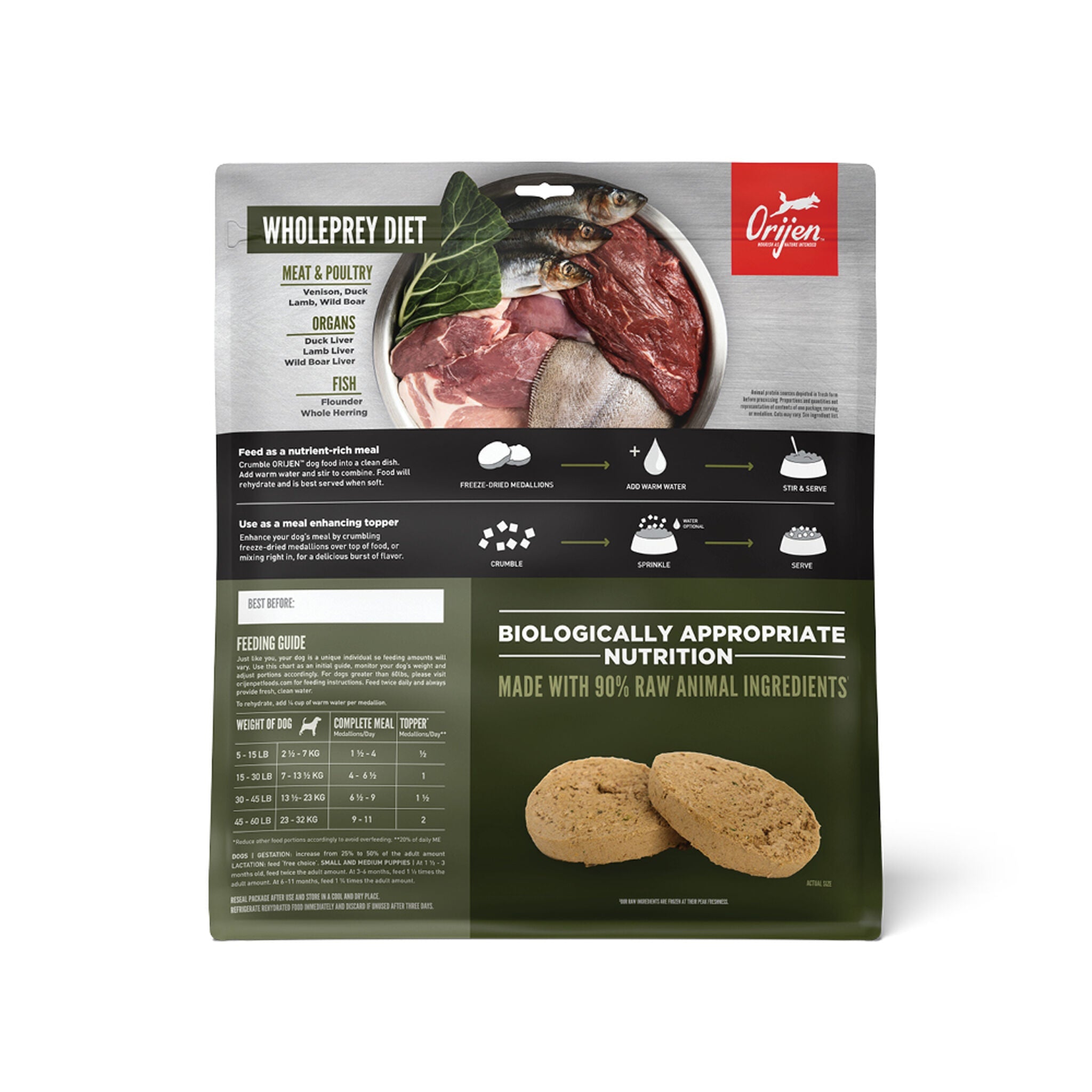 Back of the ORIJEN Tundra Freeze-Dried Medallions bag showing the WholePrey ingredient bowl, meal and topper preparation steps, and the daily feeding guide by dog weight