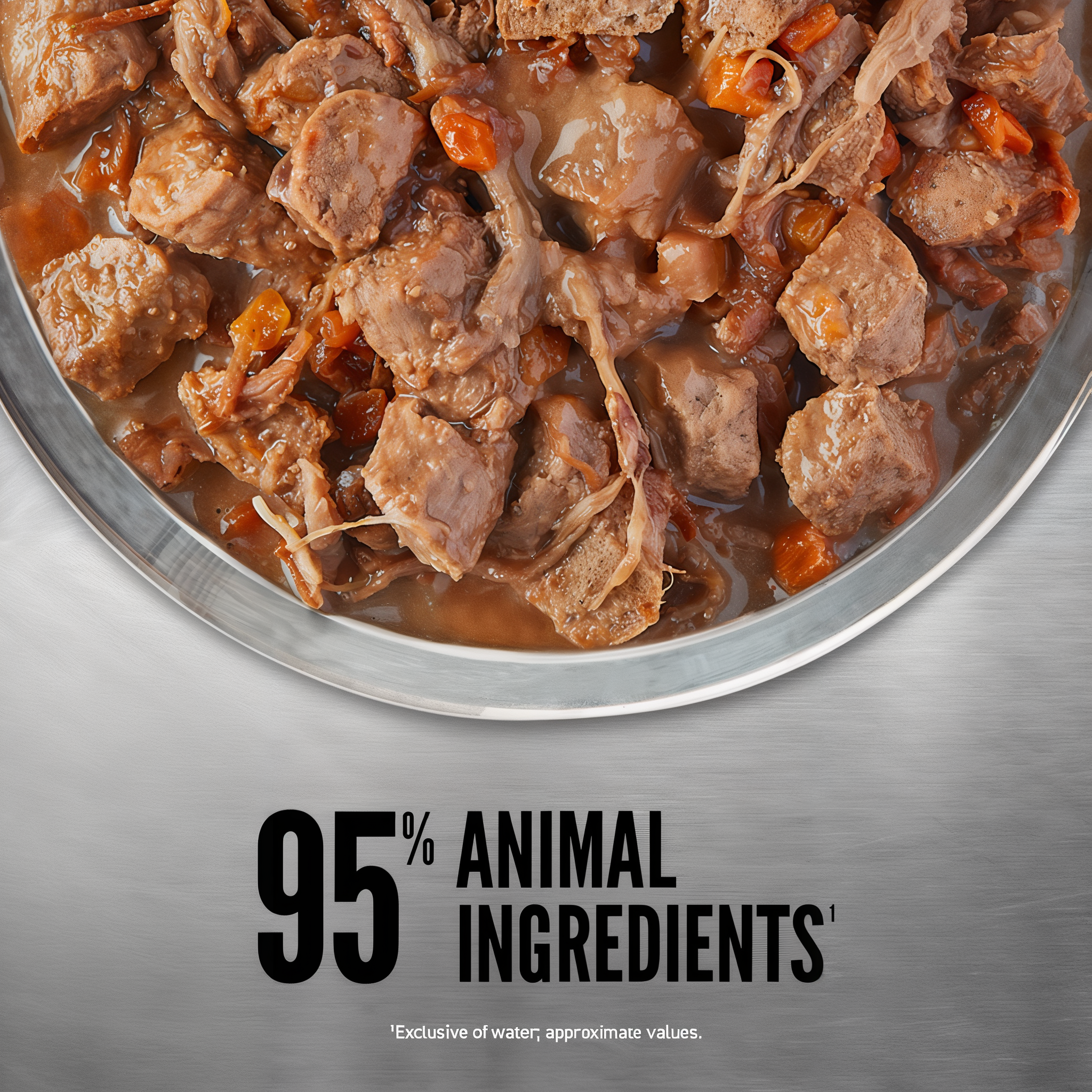 Bowl of ORIJEN Tundra Stew showing chunks and shreds of lamb, duck, and beef with carrots in savory gravy