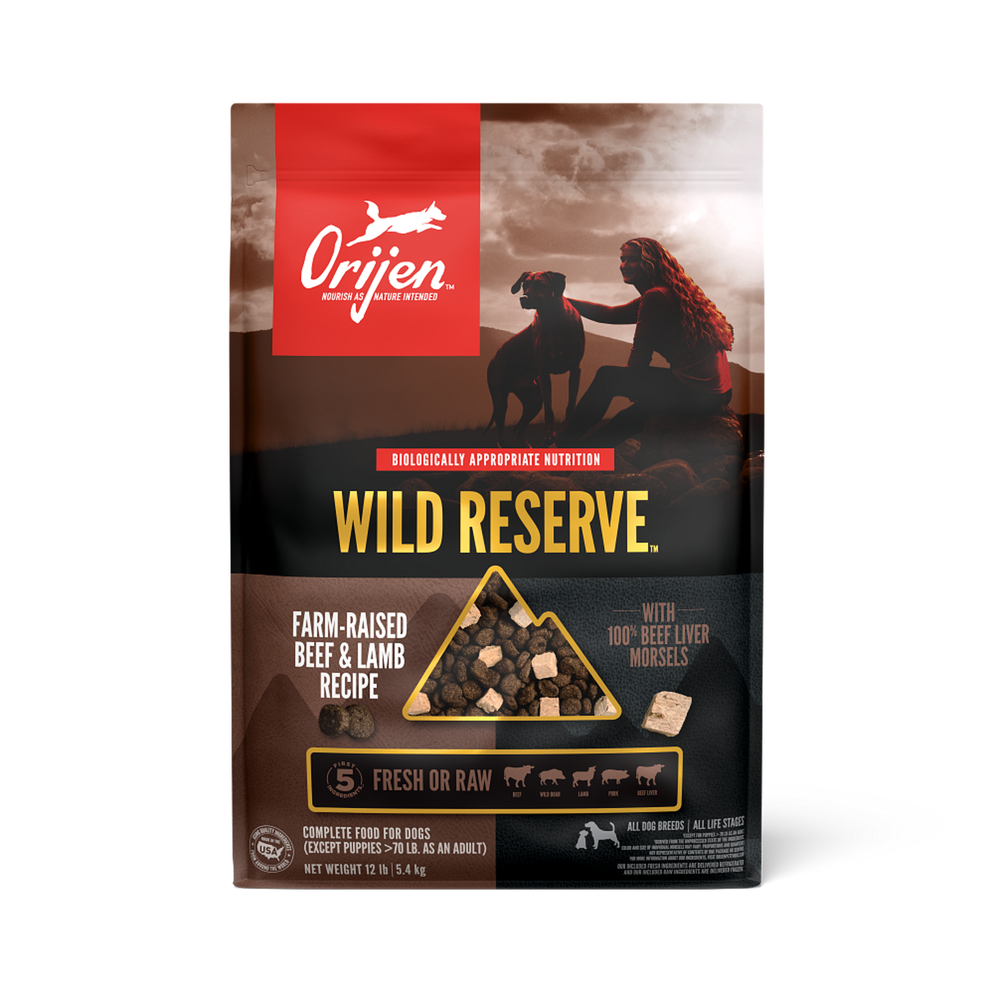 Front of the ORIJEN Wild Reserve Farm-Raised Beef & Lamb Recipe dry dog food bag with Biologically Appropriate Nutrition, 100% beef liver morsels, and the first 5 fresh or raw ingredients beef, wild boar, lamb, pork and beef liver #4 LB