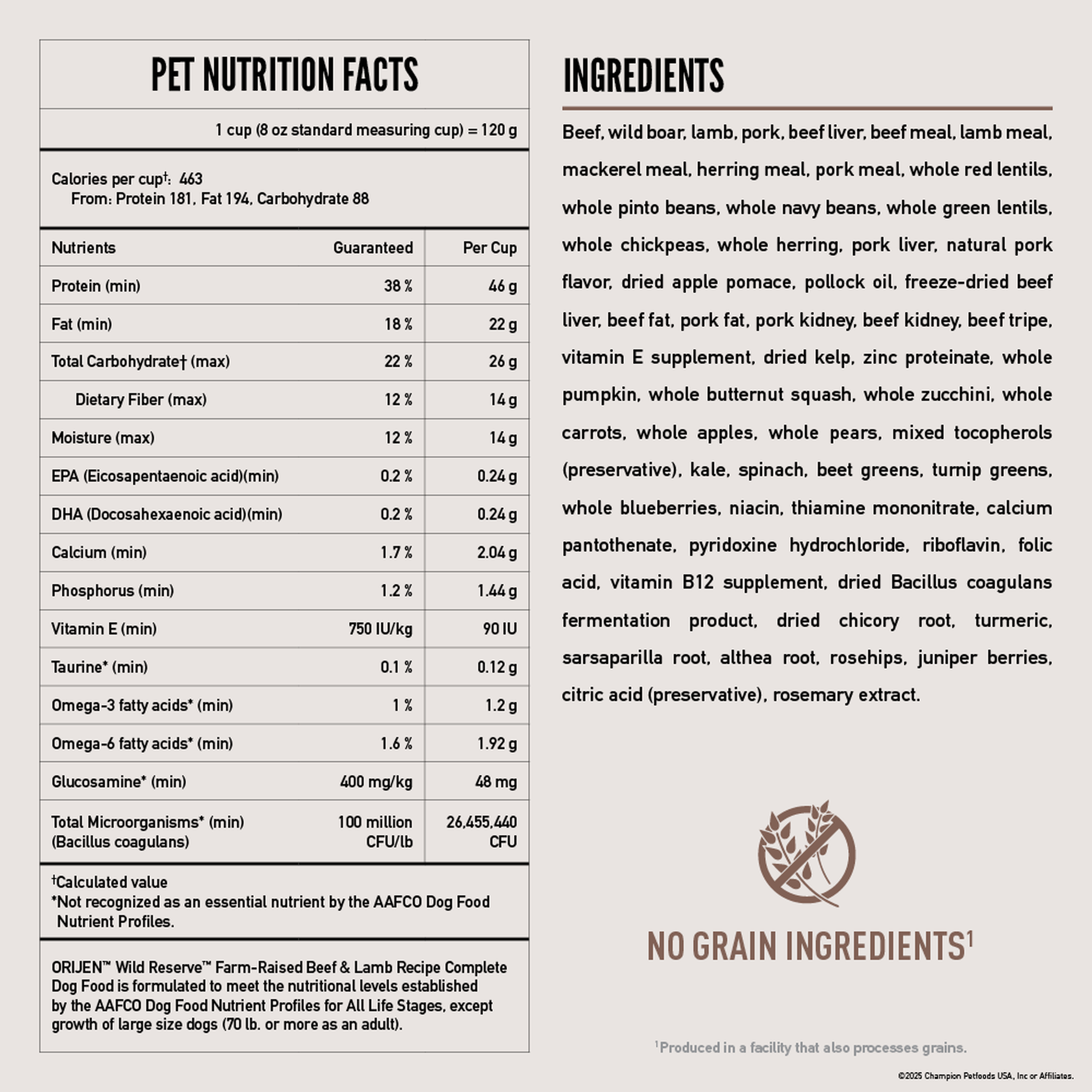ORIJEN Wild Reserve Beef & Lamb pet nutrition facts and full ingredient list panel with 463 calories per cup, 38 percent minimum protein, and a no grain ingredients seal