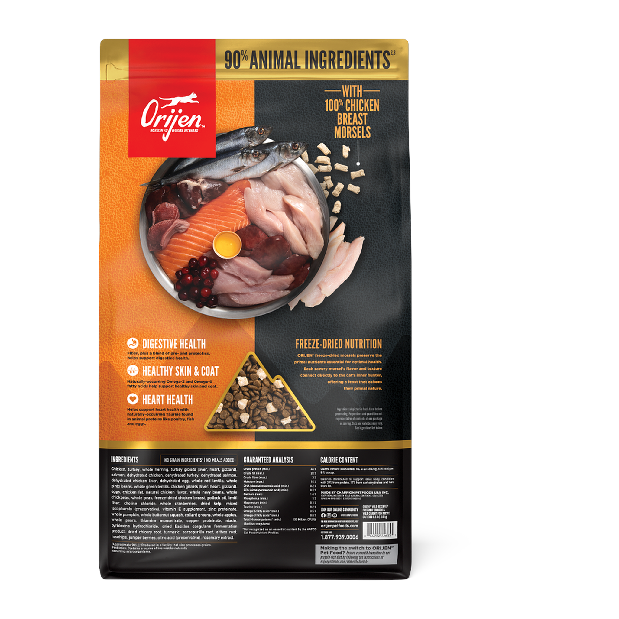 Orijen Wild Reserve chicken and fish dry cat food back of bag showing 90% animal ingredients, guaranteed analysis and ingredient list
