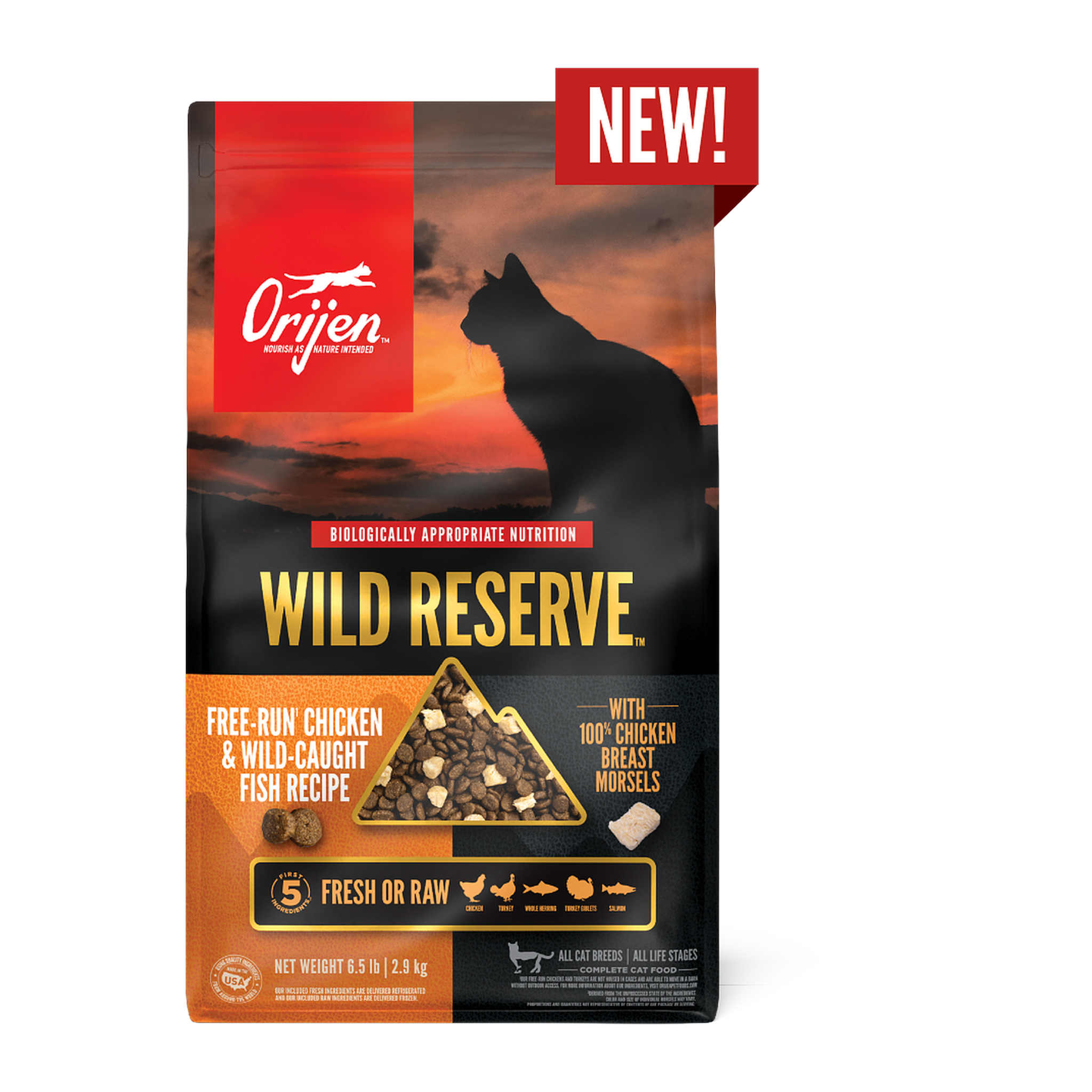 Orijen Wild Reserve Free-Run Chicken & Wild-Caught Fish Recipe dry cat food 6.5 lb front of bag with 100% chicken breast morsels