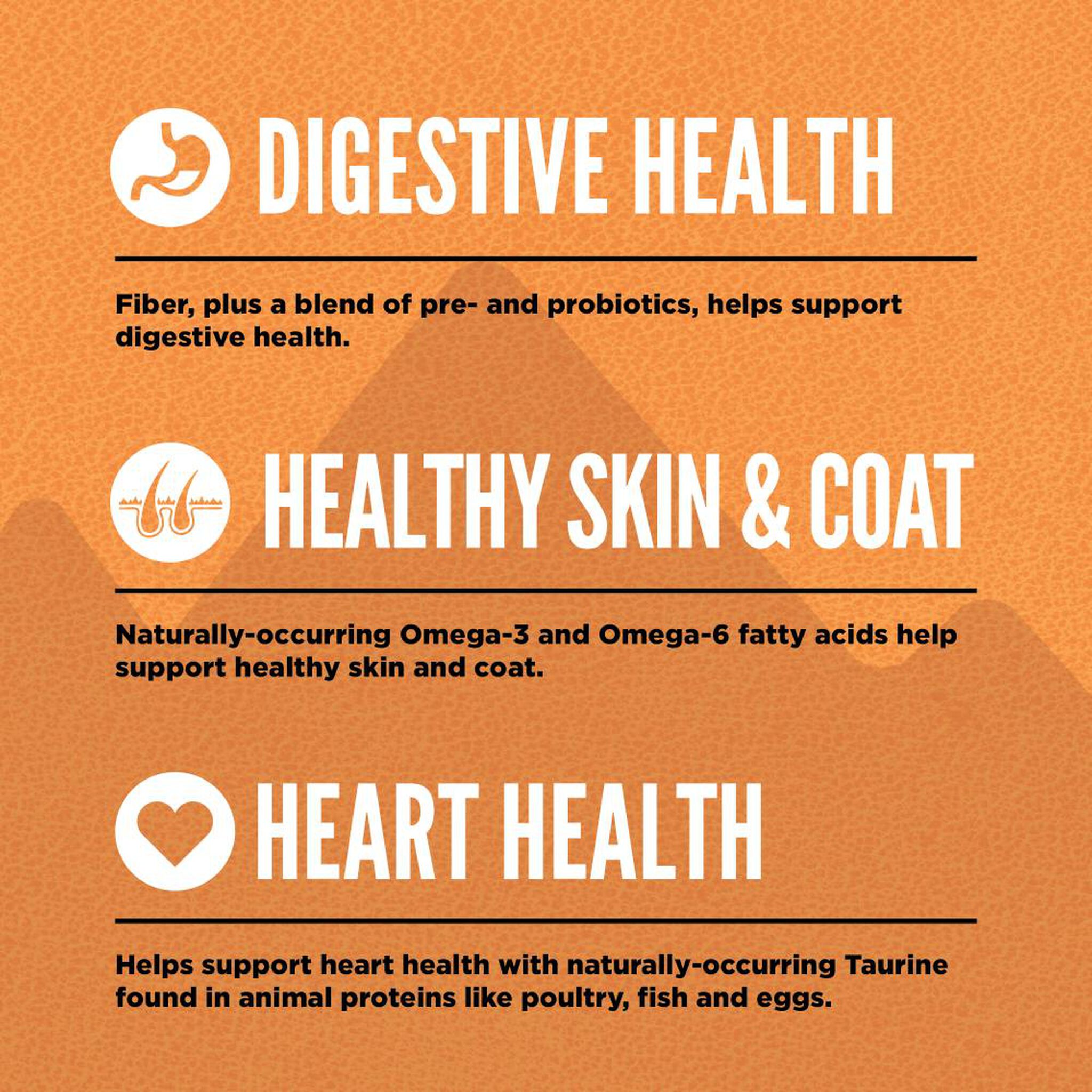Orijen Wild Reserve cat food benefits graphic for digestive health, healthy skin and coat, and heart health