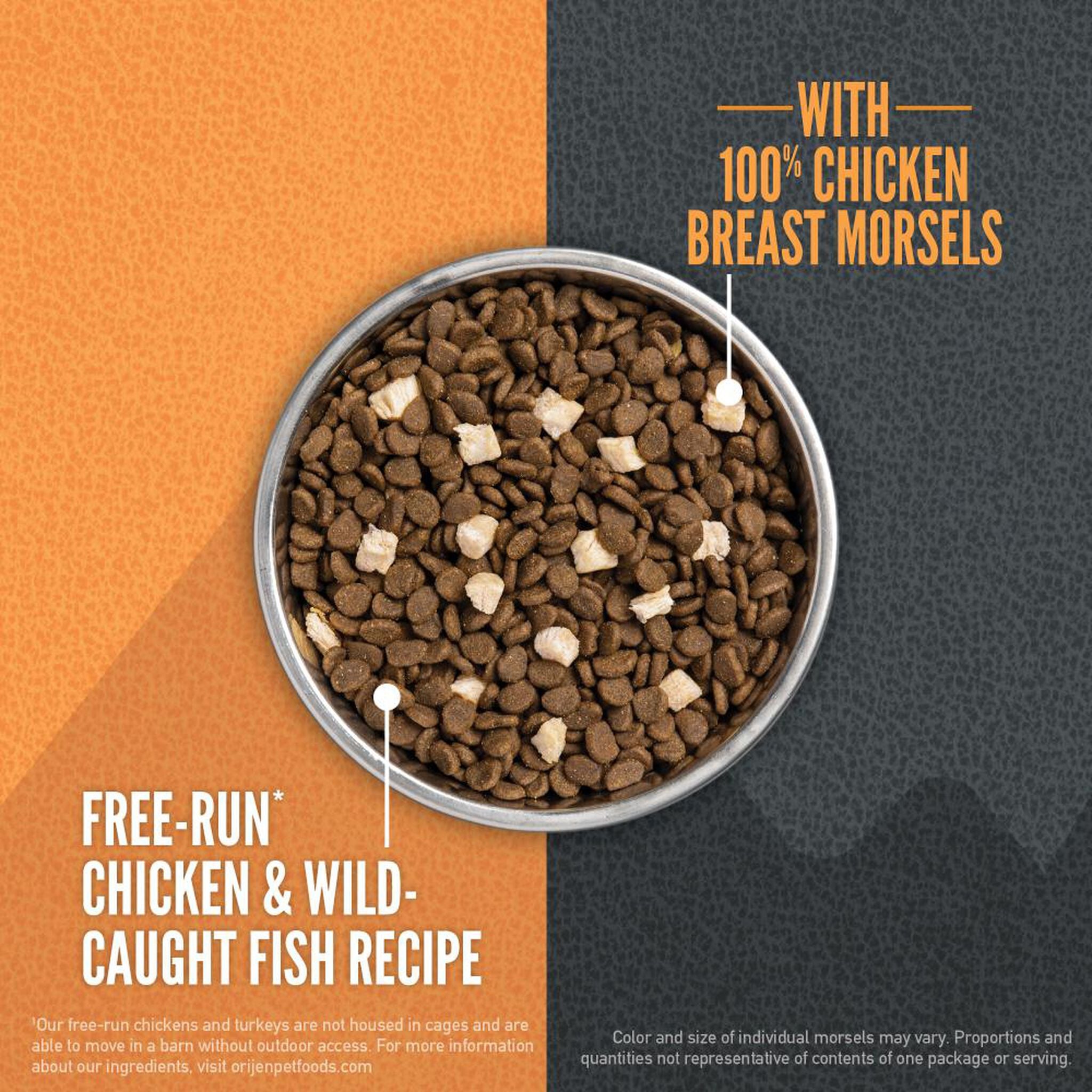 Bowl of Orijen Wild Reserve cat kibble with visible freeze-dried 100% chicken breast morsels