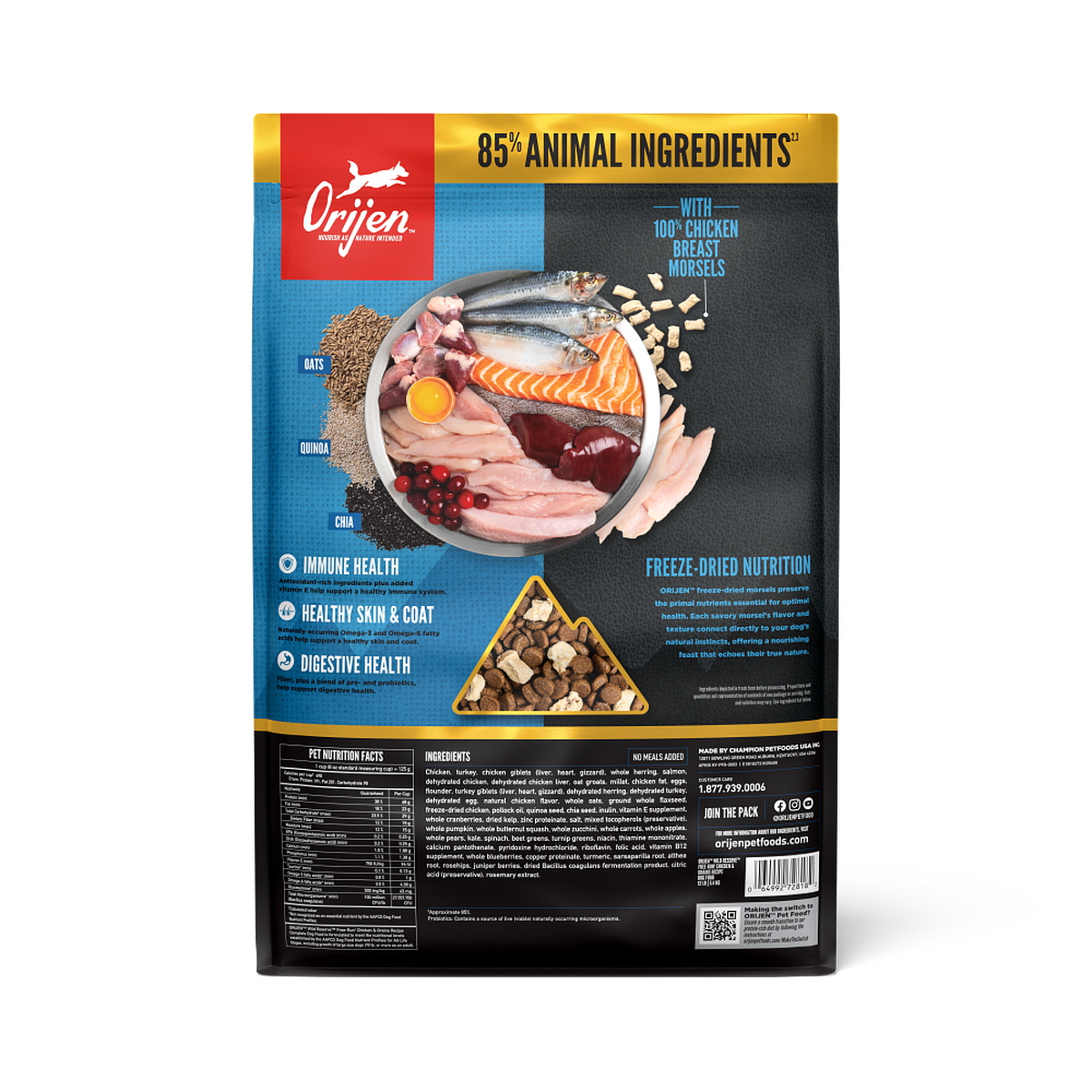 ORIJEN Wild Reserve Free-Run Chicken and Grains dry dog food back of bag showing 85 percent animal ingredients and freeze-dried nutrition