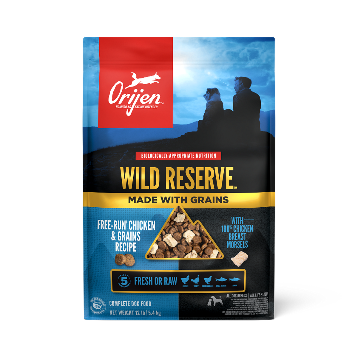 ORIJEN Wild Reserve Free-Run Chicken and Grains Recipe dry dog food front of bag, made with grains, with 100% chicken breast morsels, 12 lb