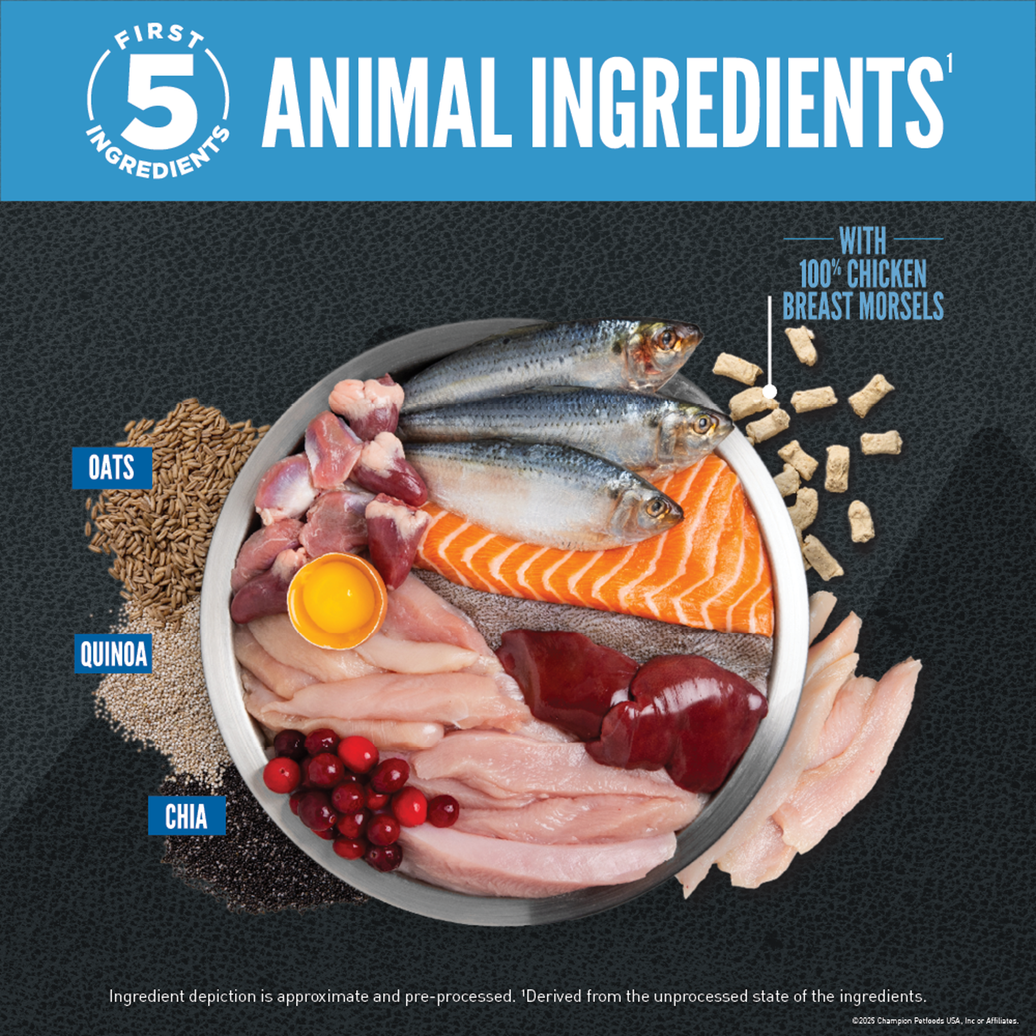 Bowl of fresh and raw ORIJEN Wild Reserve ingredients including chicken, turkey, chicken giblets, whole herring and salmon with oats, quinoa and chia