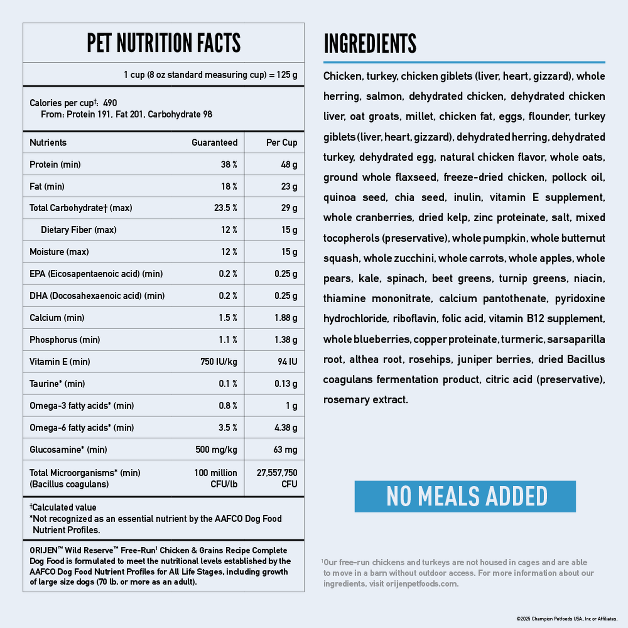ORIJEN Wild Reserve Free-Run Chicken and Grains pet nutrition facts and full ingredients panel with 490 calories per cup and no meals added
