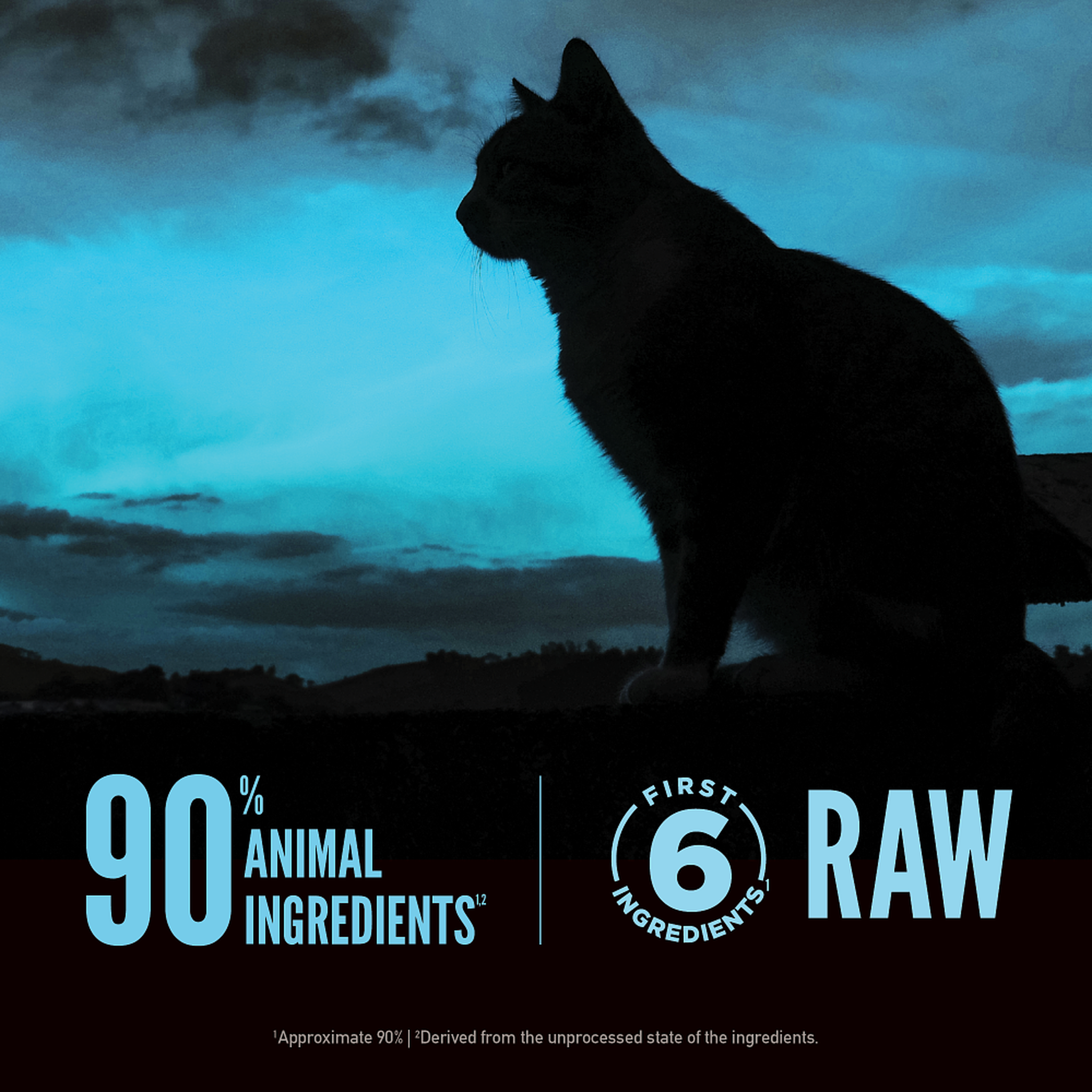 Orijen Wild Reserve graphic showing 90% animal ingredients and first six raw fish ingredients with a cat silhouette