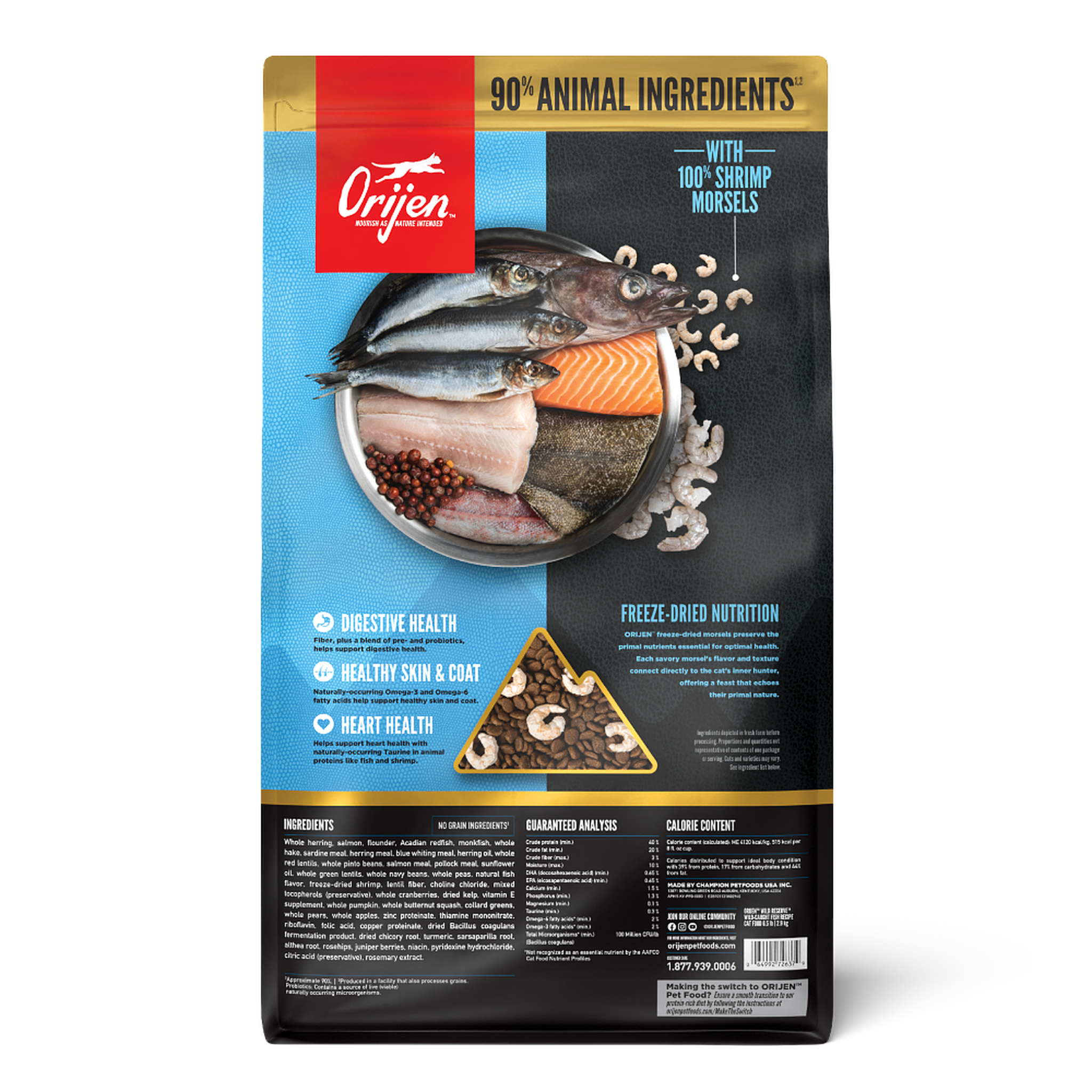 Orijen Wild Reserve Wild-Caught Fish back of bag showing 90% animal ingredients, guaranteed analysis and ingredient list