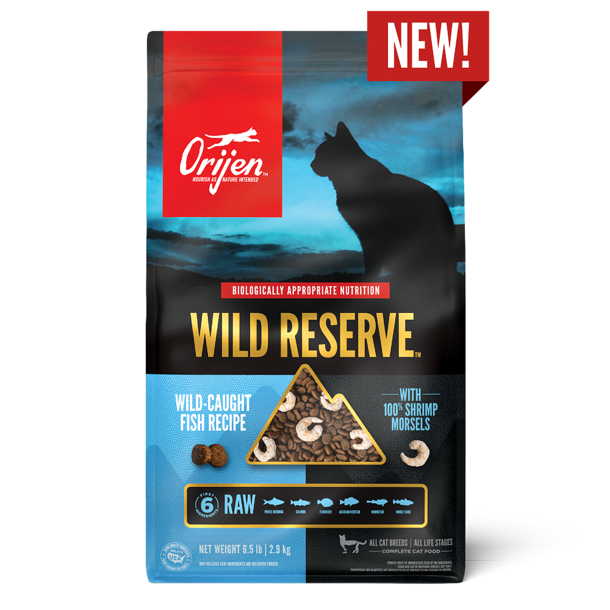 Orijen Wild Reserve Wild-Caught Fish Recipe dry cat food front of bag with 100% shrimp morsels