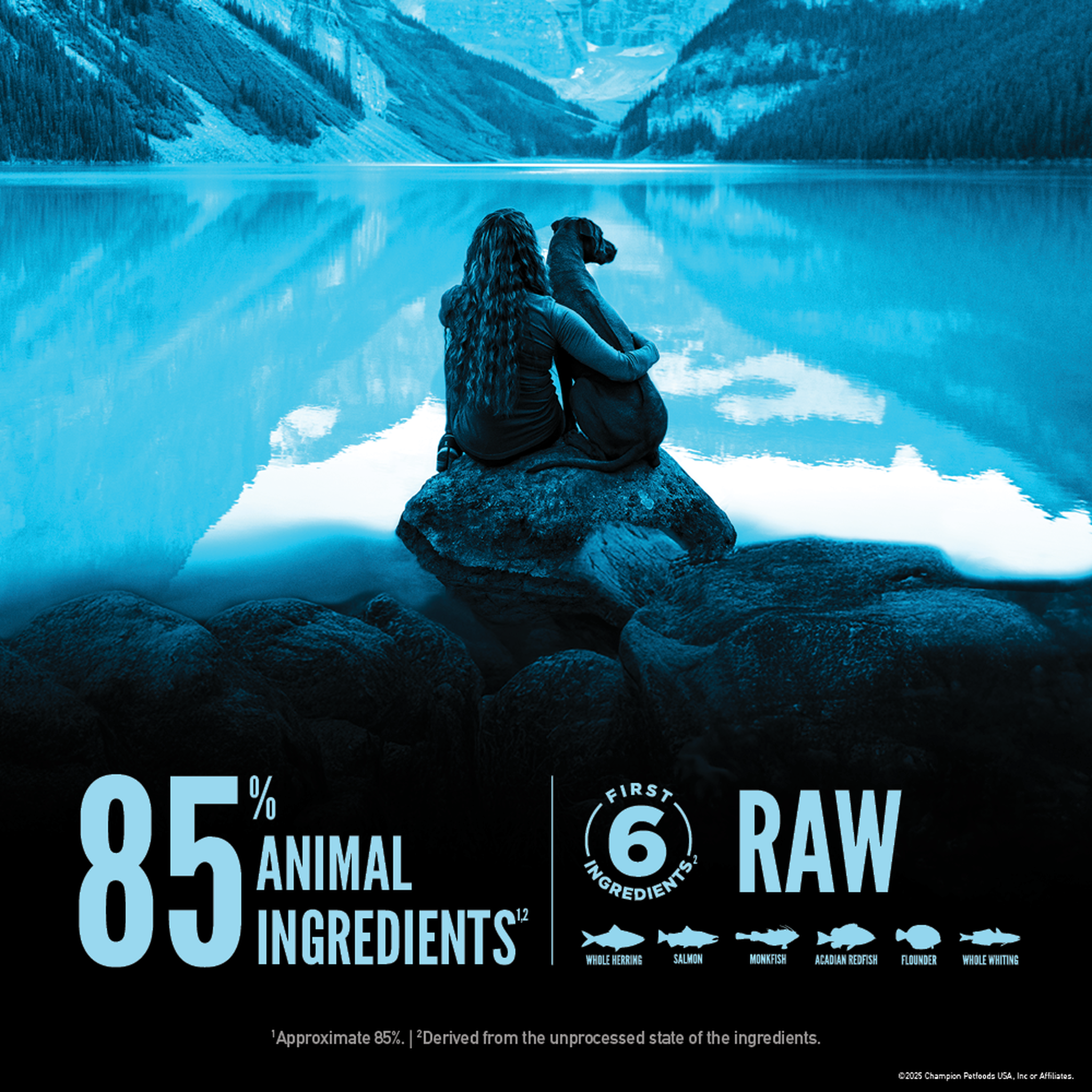 Orijen Wild Reserve graphic showing 85% animal ingredients and the first six raw fish ingredients