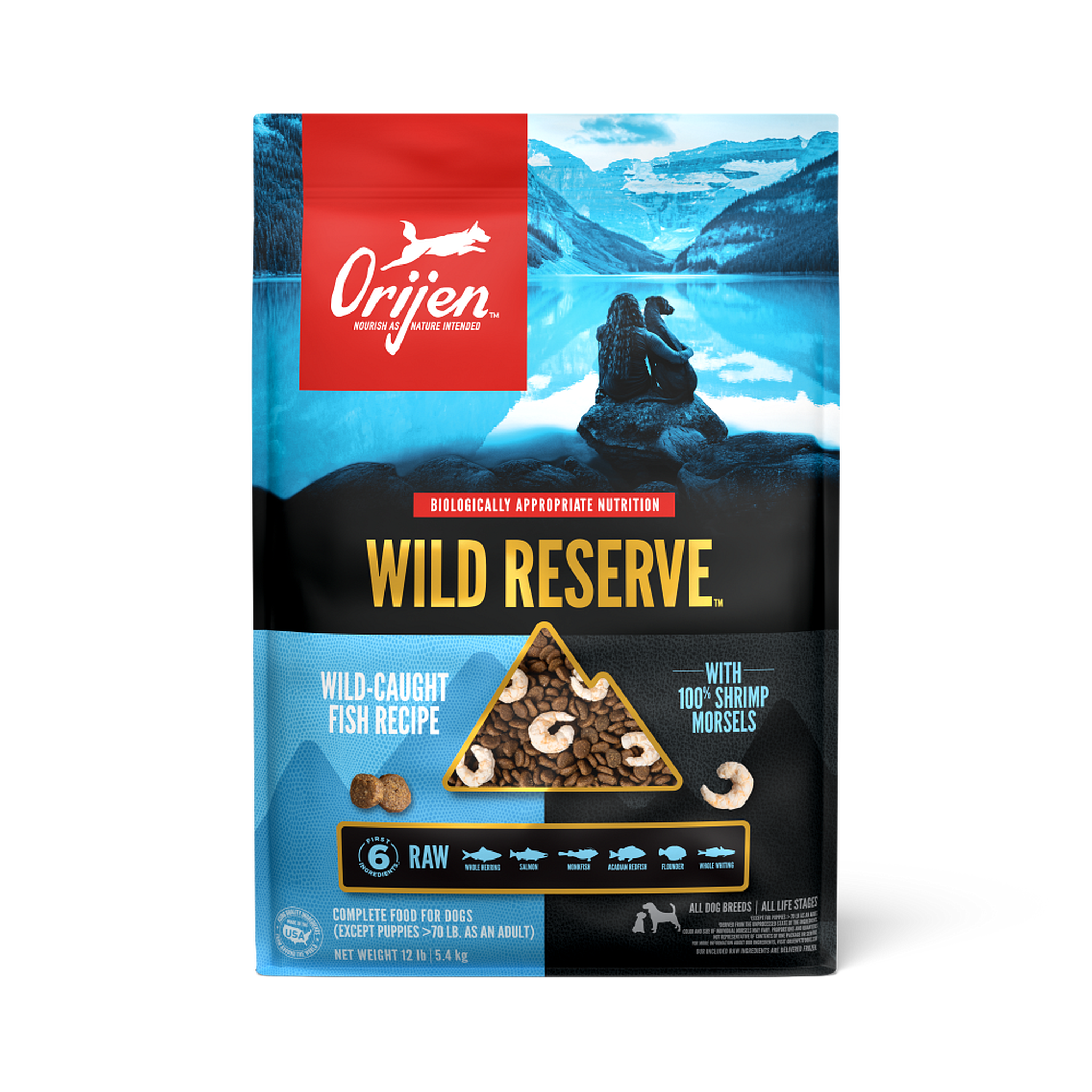 Orijen Wild Reserve Wild-Caught Fish Recipe dry dog food front of bag with 100% shrimp morsels