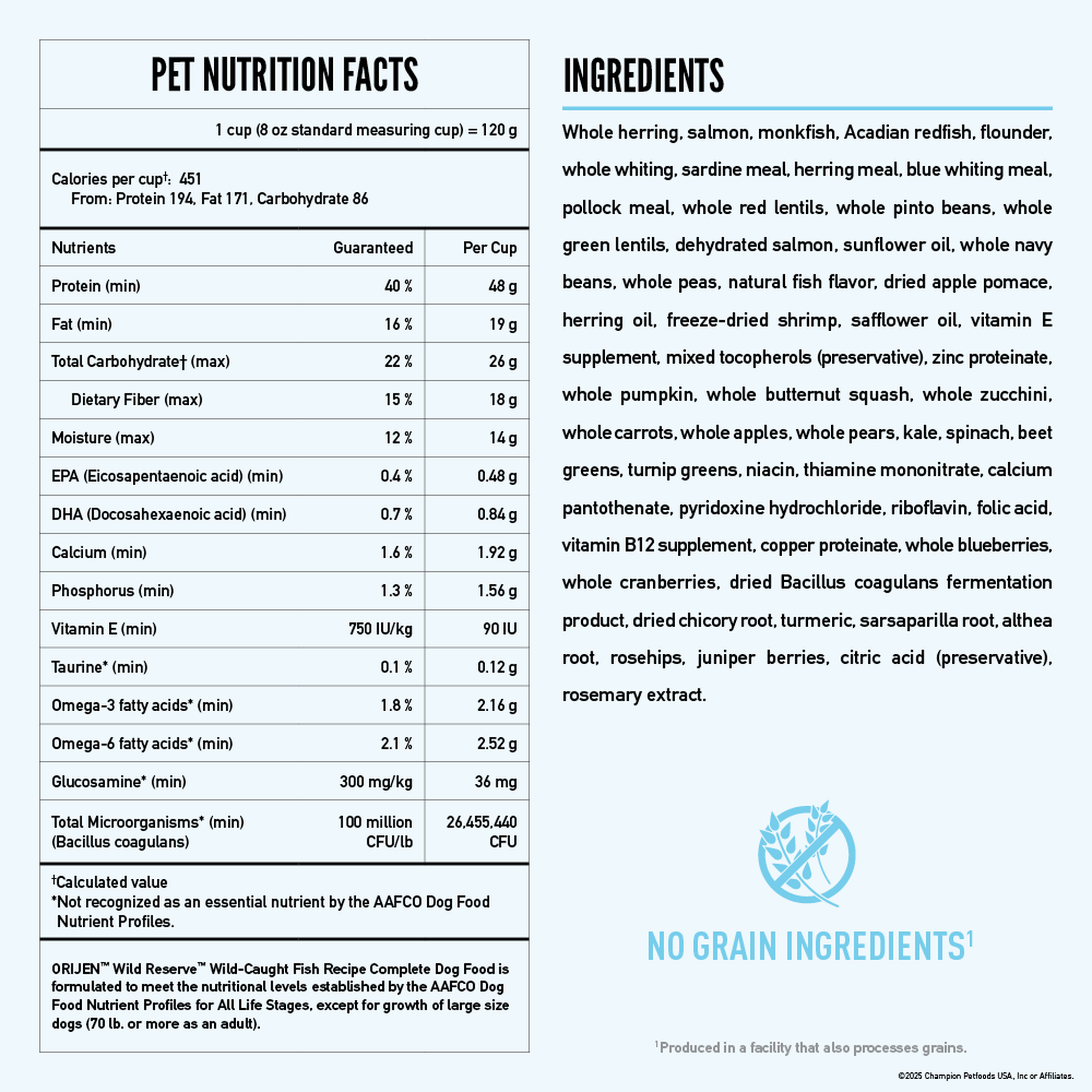 Orijen Wild Reserve Wild-Caught Fish pet nutrition facts panel with guaranteed analysis and complete ingredient list