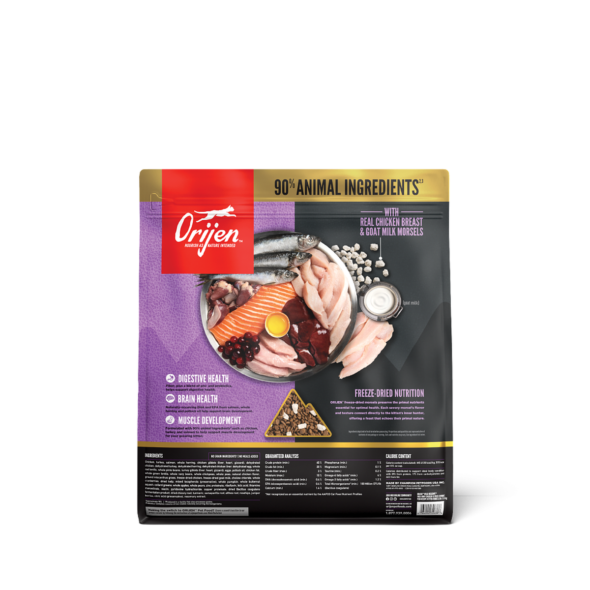 Back of the ORIJEN Wild Reserve Kitten bag showing 90 percent animal ingredients, guaranteed analysis, ingredients and calorie content panels