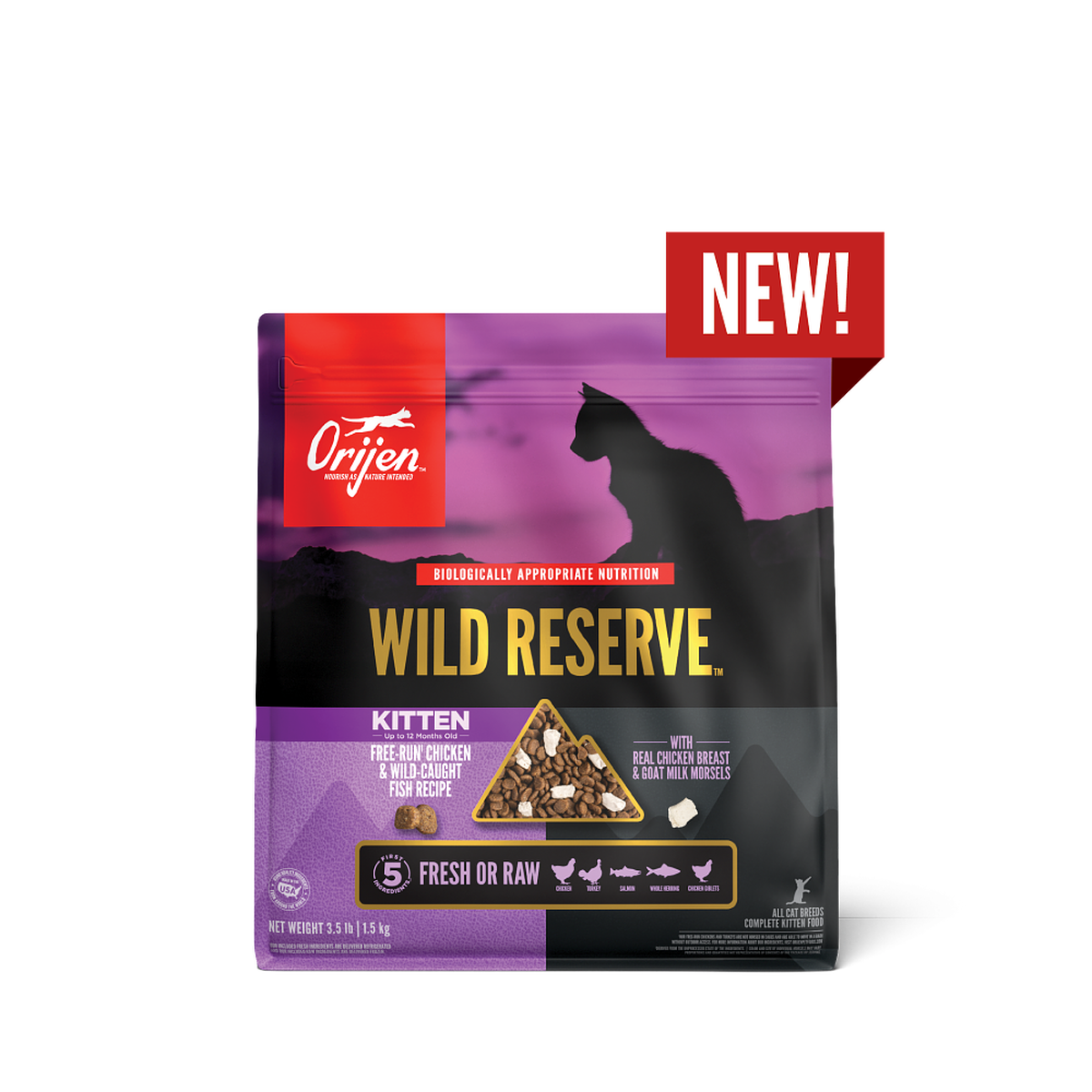 ORIJEN Wild Reserve Kitten Free-Run Chicken and Wild-Caught Fish Recipe dry cat food, front of the 3.5 lb bag with Biologically Appropriate Nutrition and real chicken breast and goat milk morsels callouts #3.5 LB