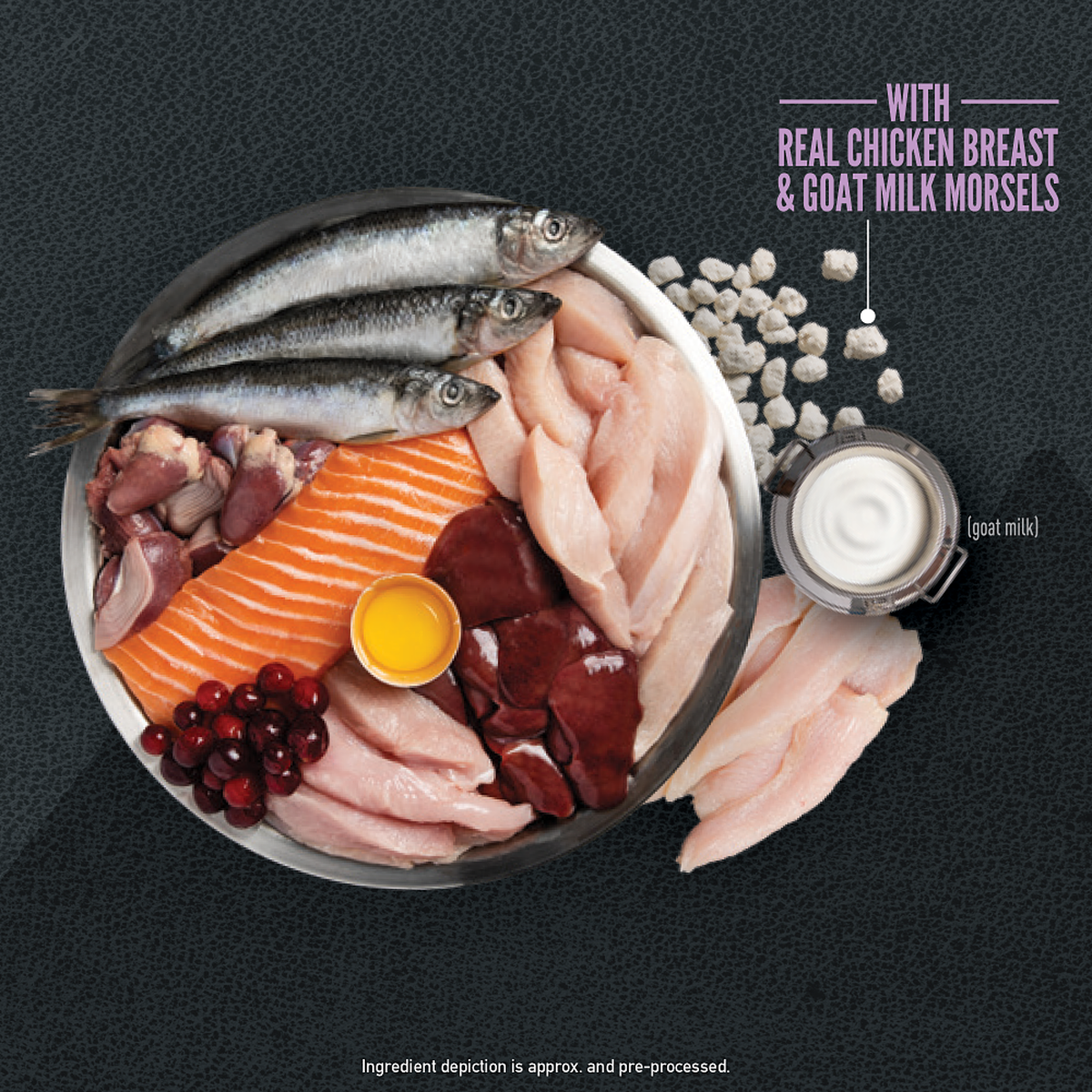 Fresh and raw ingredients in ORIJEN Wild Reserve Kitten: whole herring, chicken, salmon, chicken giblets, egg, cranberries and goat milk