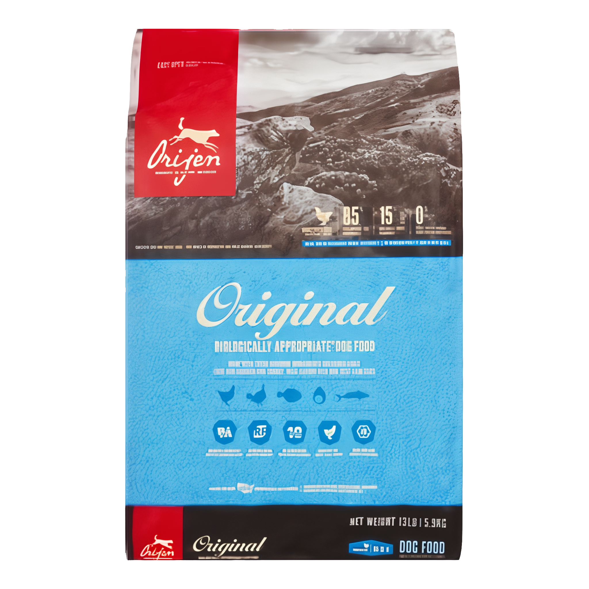 Orijen Original Grain-Free Dog Food: 13 lb bag of chicken, turkey, and fish recipe.