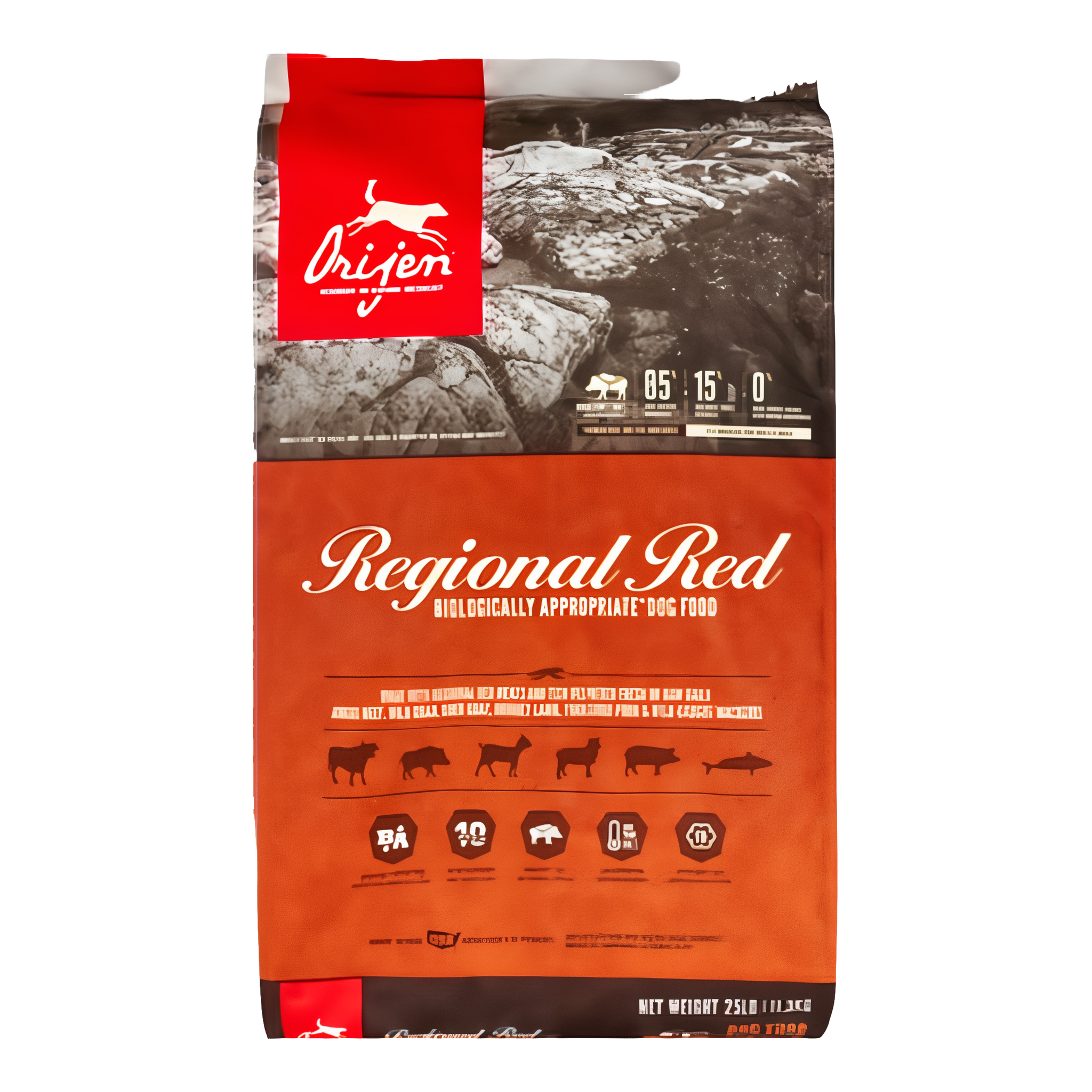 Orijen Regional Red dry dog food, red meat and fish, 25 lb bag.