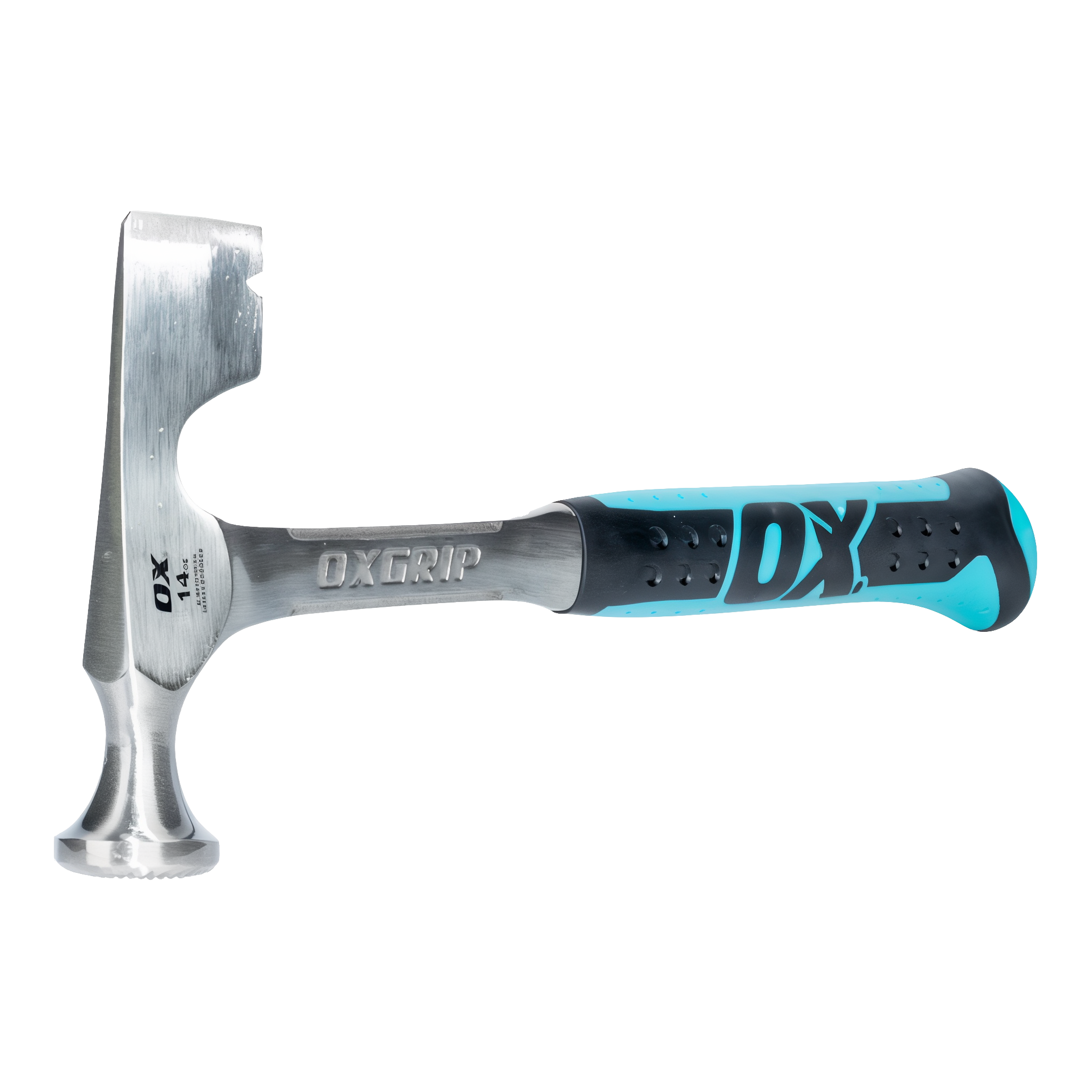 OX Pro 14oz Drywall Hammer — head detail showing milled striking face and hatchet trim edge