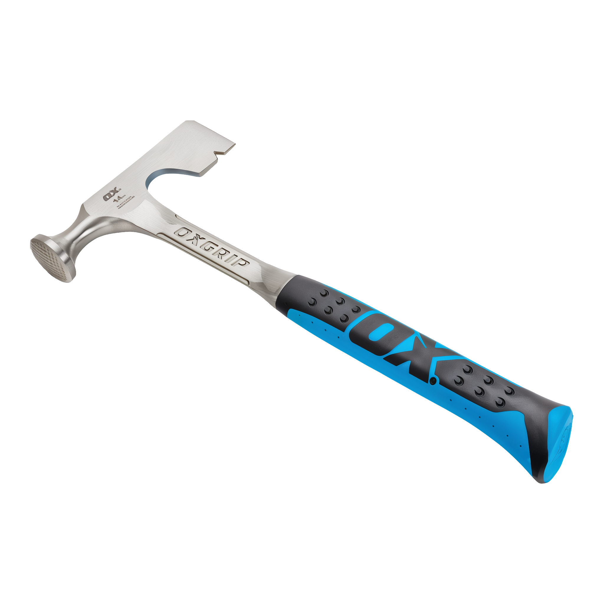 OX Pro 14oz Drywall Hammer — milled-face hatchet-style drywall hammer with serrated nail-set face and hatchet edge for hanging and trimming gypsum board