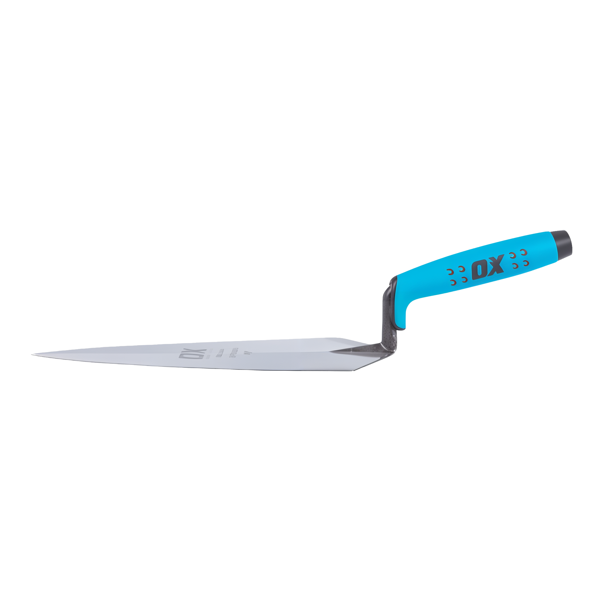 OX Pro Philadelphia Pattern Brick Trowel — close-up detail of forged alloy steel blade and Philadelphia-pattern shape