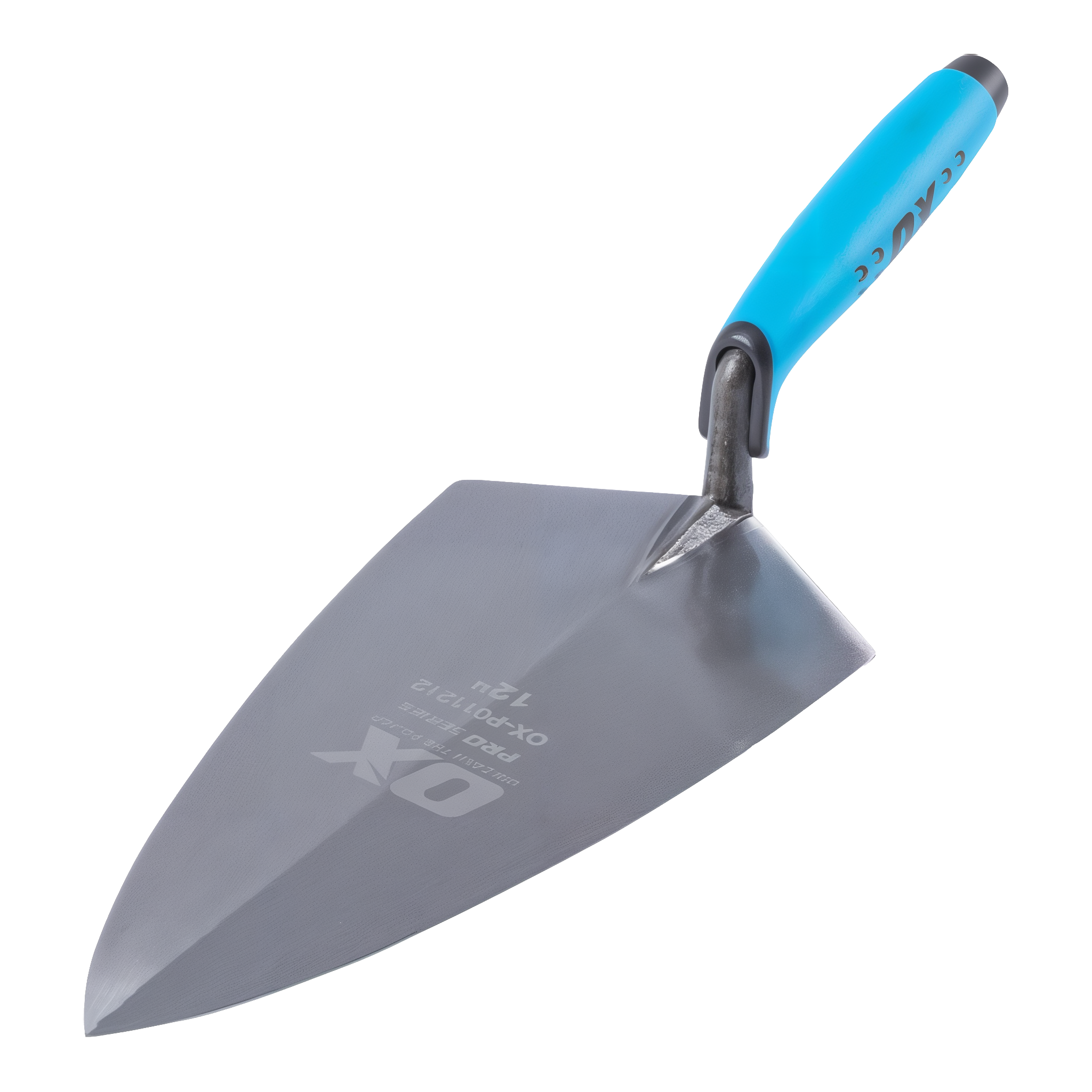 OX Pro Philadelphia Pattern Brick Trowel — one-piece forged alloy steel blade with ergonomic OX Grip blue handle, 12-inch blade length