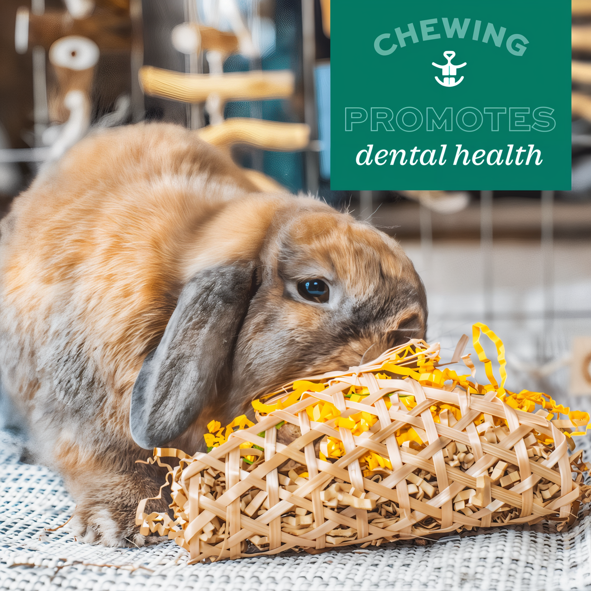Chewing promotes dental health — rabbit with hay chew