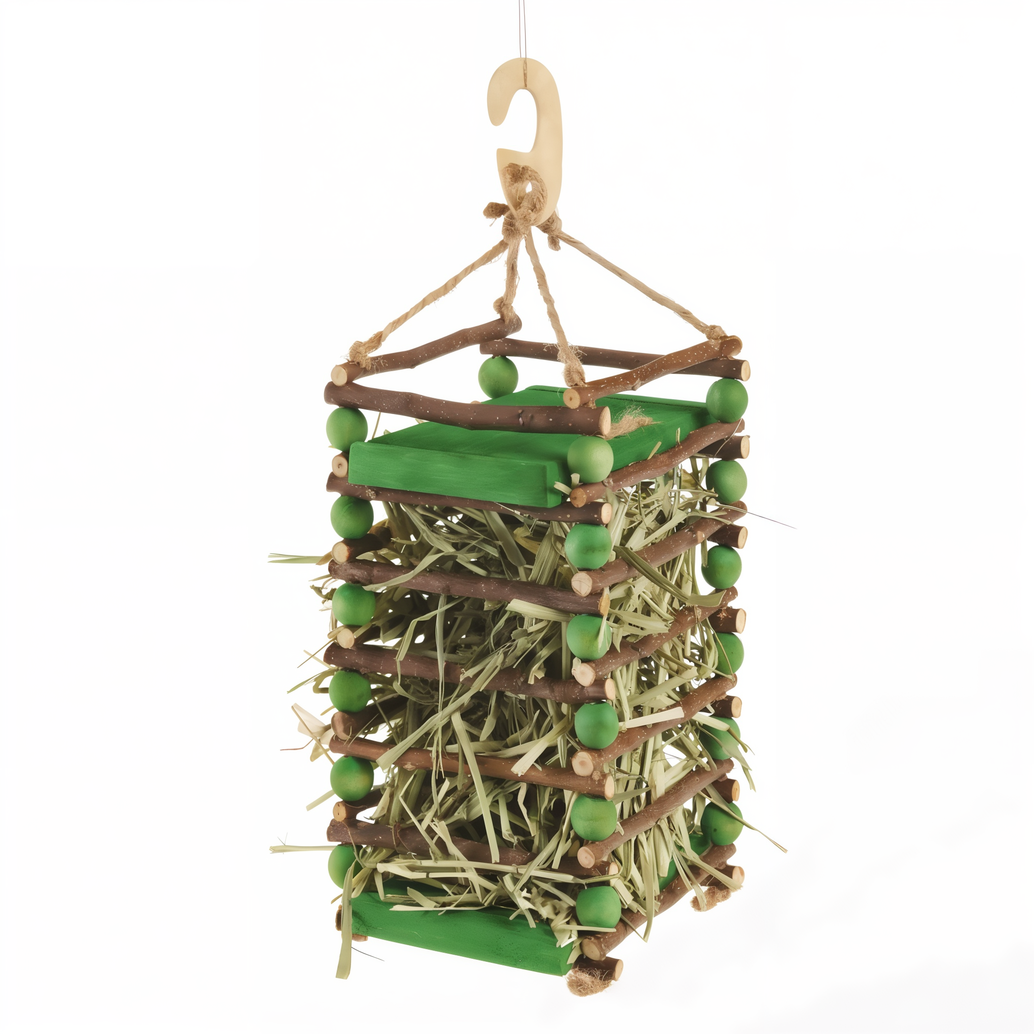 Apple Stick Hay Feeder filled with timothy hay