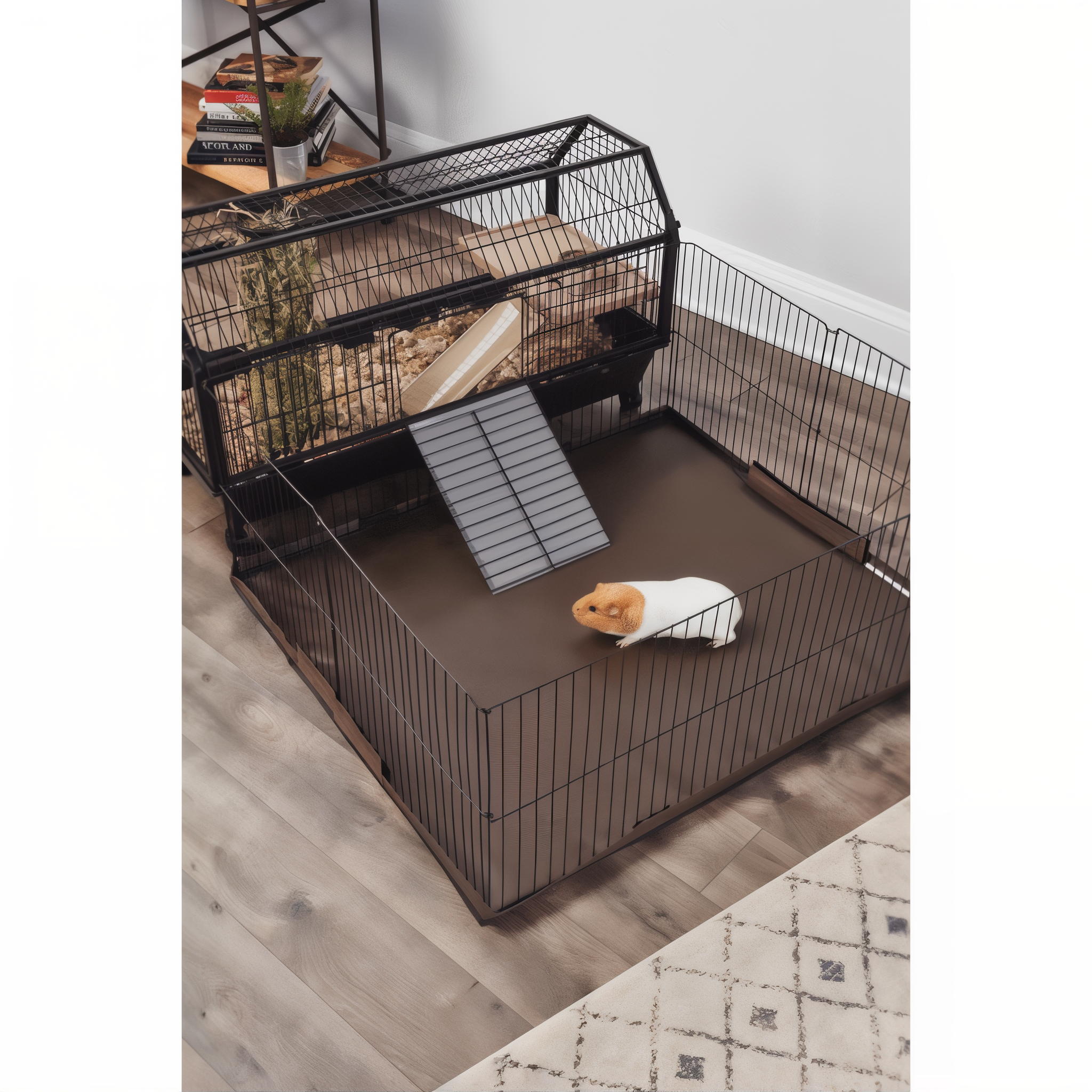 Play yard with leakproof floor cover set up with guinea pig habitat
