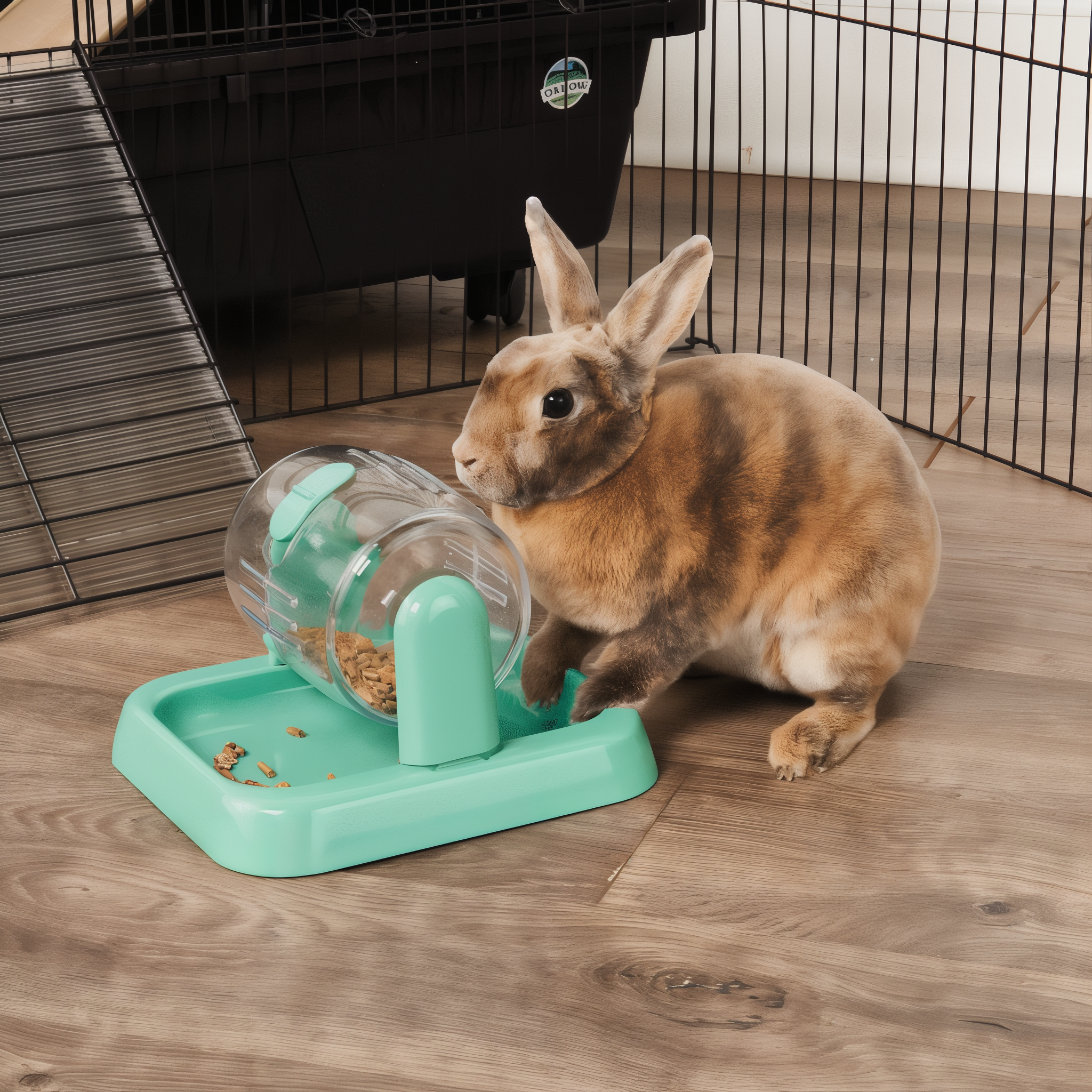Rabbit pushing the Rolly Teaser to release food