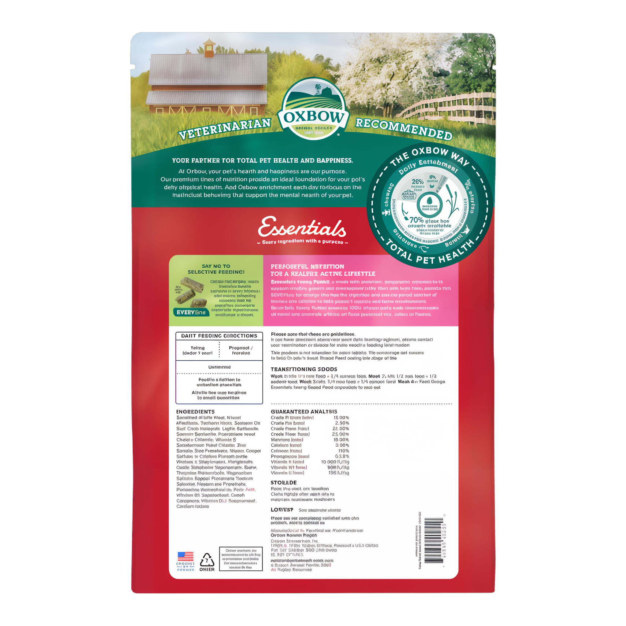 Back of the Oxbow Essentials Young Rabbit Food 10 lb bag with feeding directions and guaranteed analysis