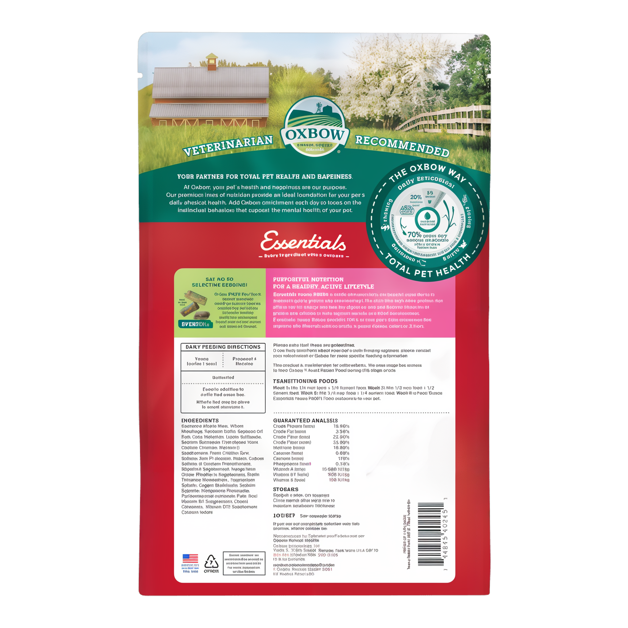 Back of the Oxbow Essentials Young Rabbit Food 5 lb bag with feeding directions and guaranteed analysis