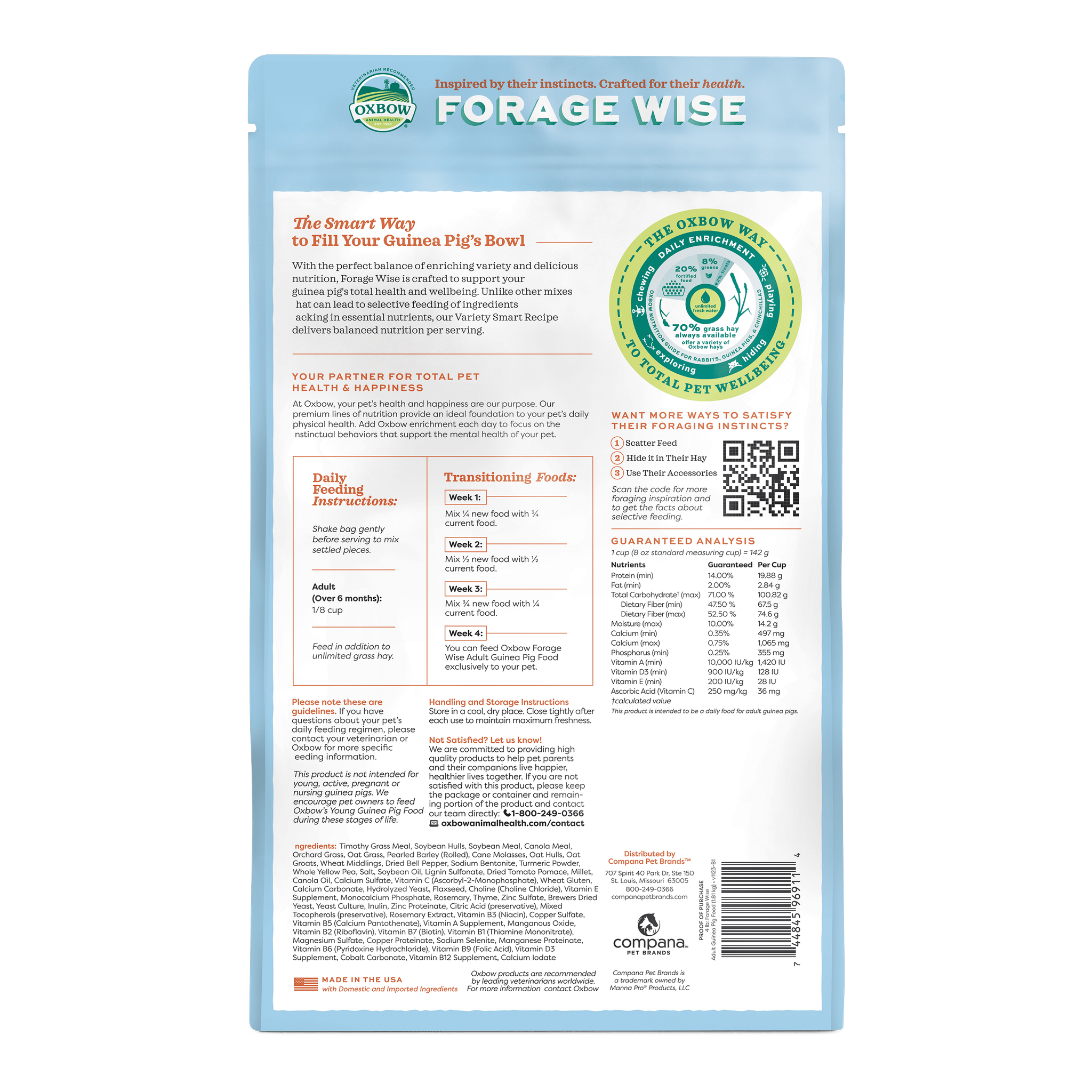 Back of the Oxbow Forage Wise Adult Guinea Pig Food bag with feeding directions and guaranteed analysis
