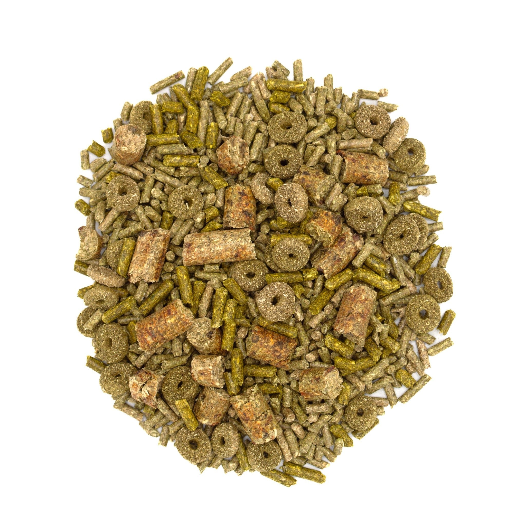 Closeup of the Variety Smart blend of shapes, colors, and textures in Forage Wise guinea pig food